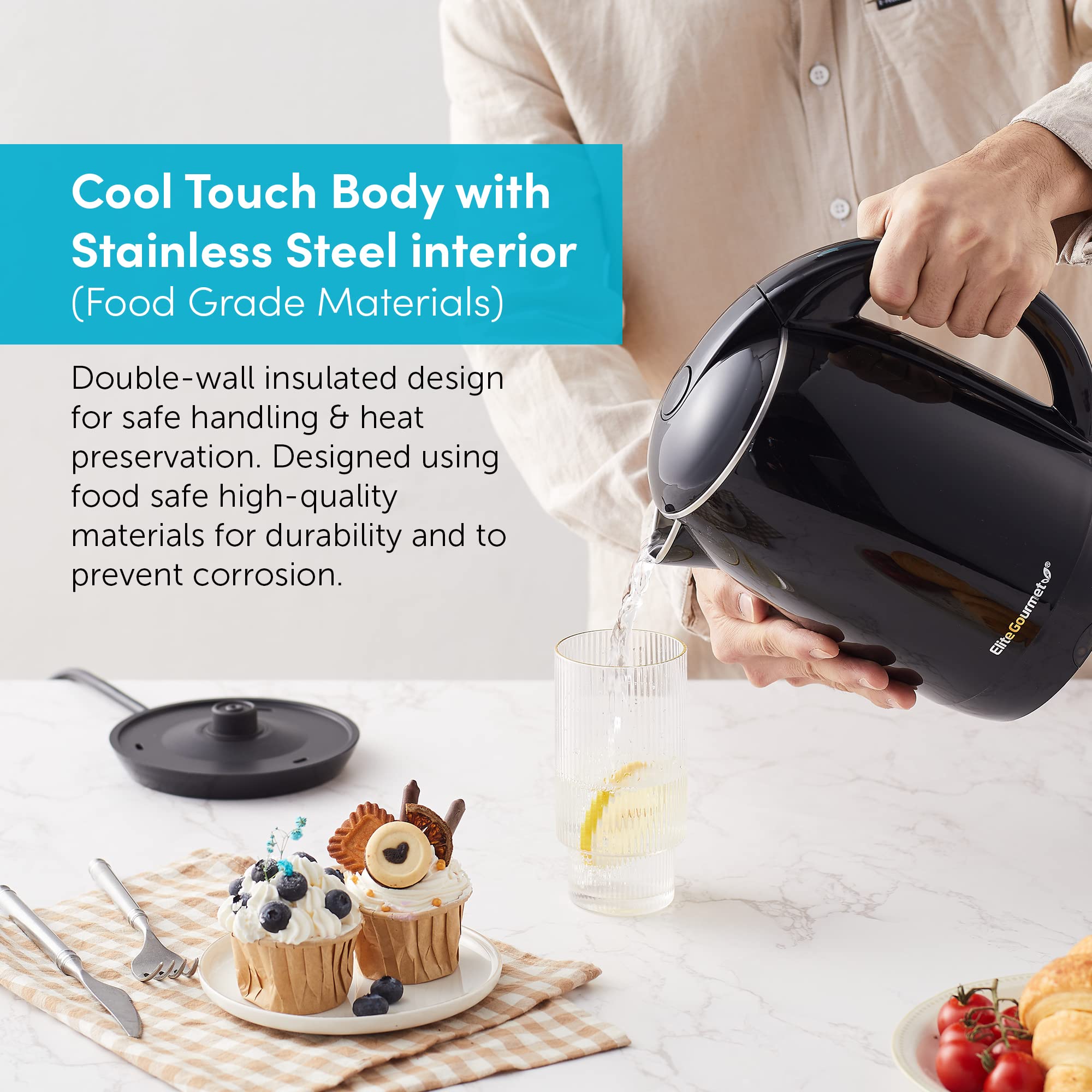 Elite Gourmet Ekt1821 1.8L Double Wall Insulated, Cool-Touch 1500W Kettle W/Stainless Steel Interior & Lid, 360 Swivel Base For