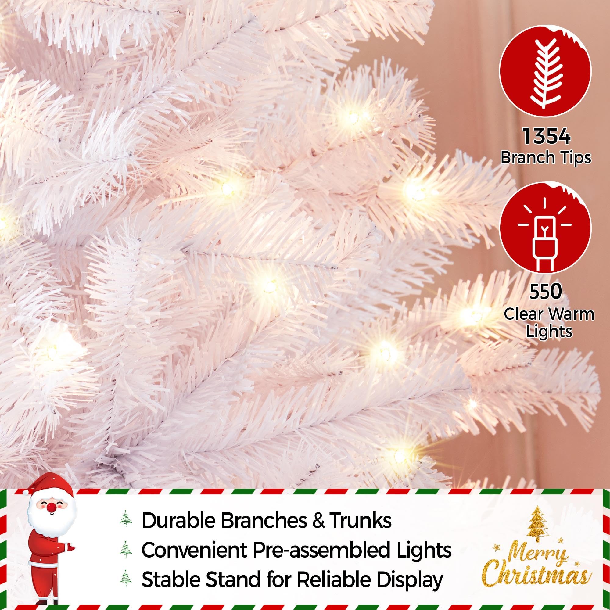 Yaheetech 7.5ft Pre-lit Spruce Artificial Hinged Christmas Pine Tree Prelighted Holiday Xmas Tree for Home Party Decoration with