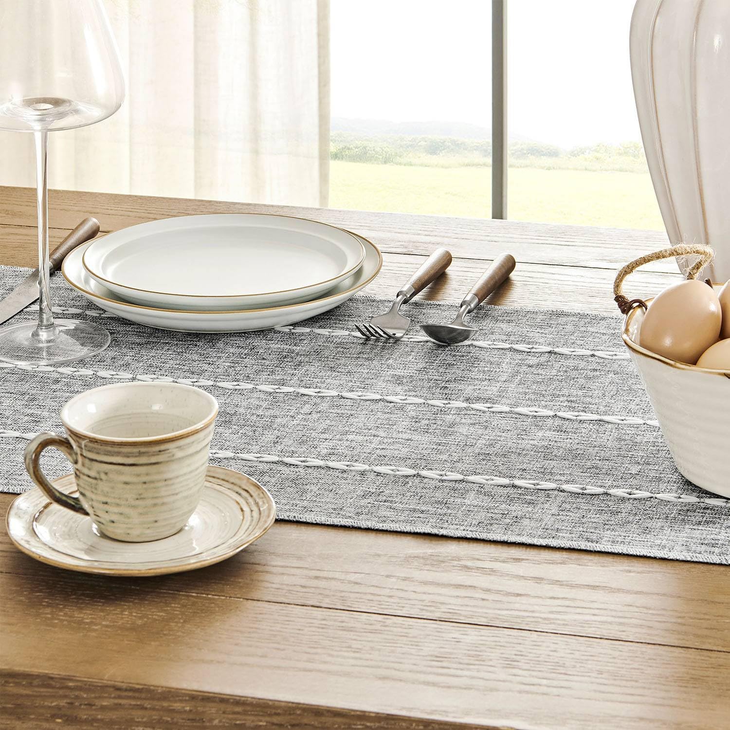 Zeemart Farmhouse Table Runner, Rustic Table Runners 48 Inches Long, Linen Boho Table Runner, Braided Striped Grey Table Runner