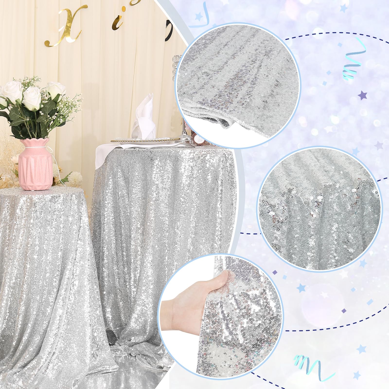 Partydelight 70'' Inch Silver Sequin Tablecloth Round Wedding, Party, Christmas Decorations