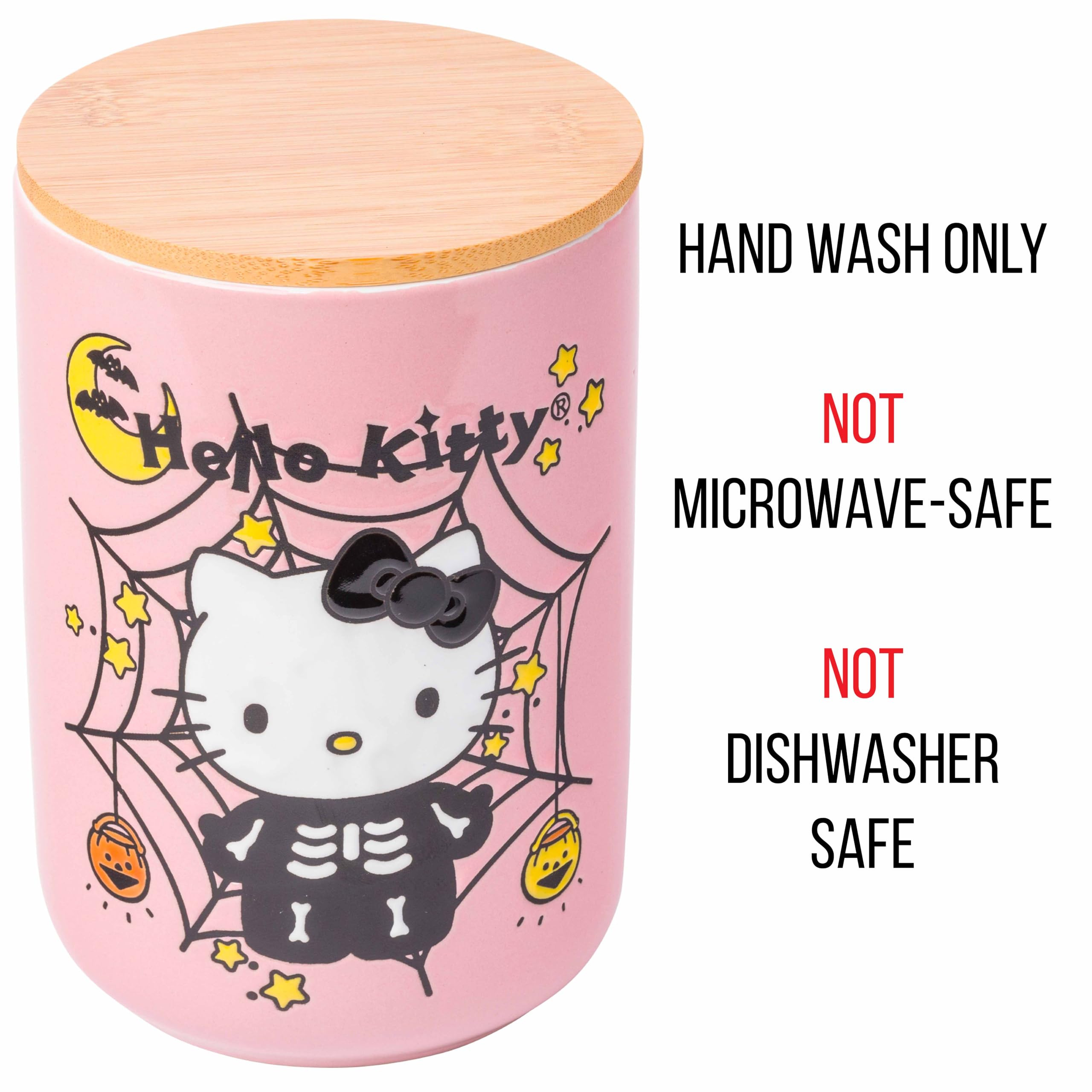 Silver Buffalo Sanrio Hello Kitty Halloween Spooky Skeleton Web Ceramic Cookie Snack Candy Jar With Airtight Bamboo Lid, Lavende