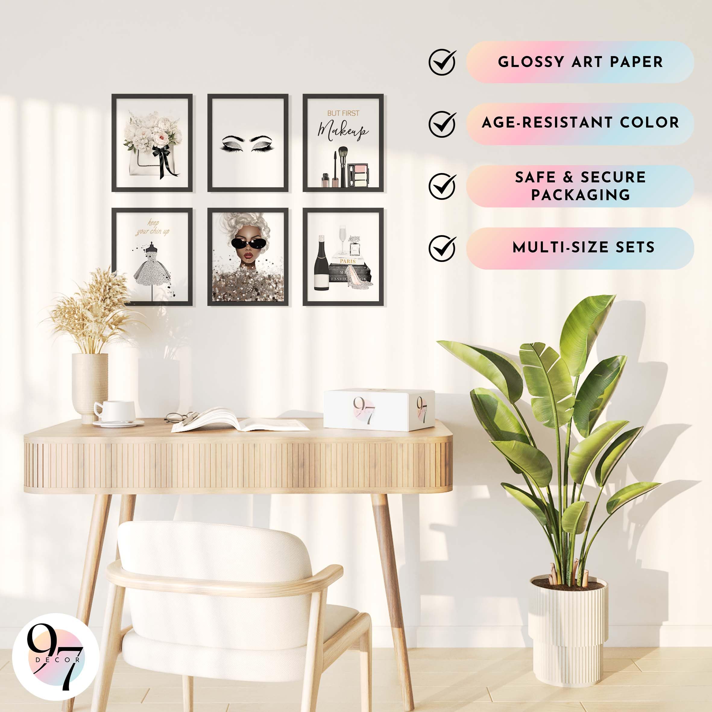 97 Decor Glam Grey Fashion Wall Decor - 6 Pcs Makeup Posters  Silver And Black Glam Wall Art for Women Makeup Room  Silver High Heel Prints  Silver Bedroom Decor for Girls (8x10 UNFRAMED)