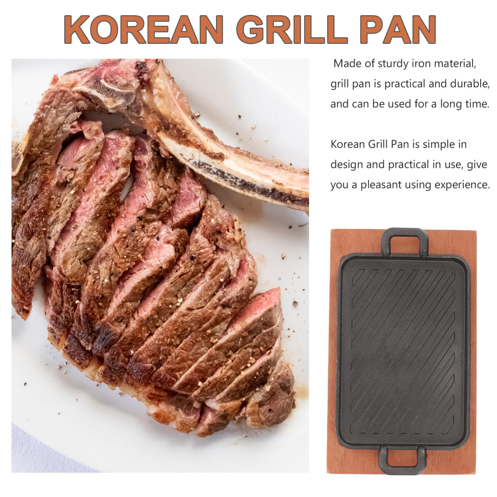 Yardwe Cast Iron Steak Plate Sizzle Griddle With Wooden Base Steak Pan Grill Fajita Server Plate For Home Kitchen Restaurant (7.