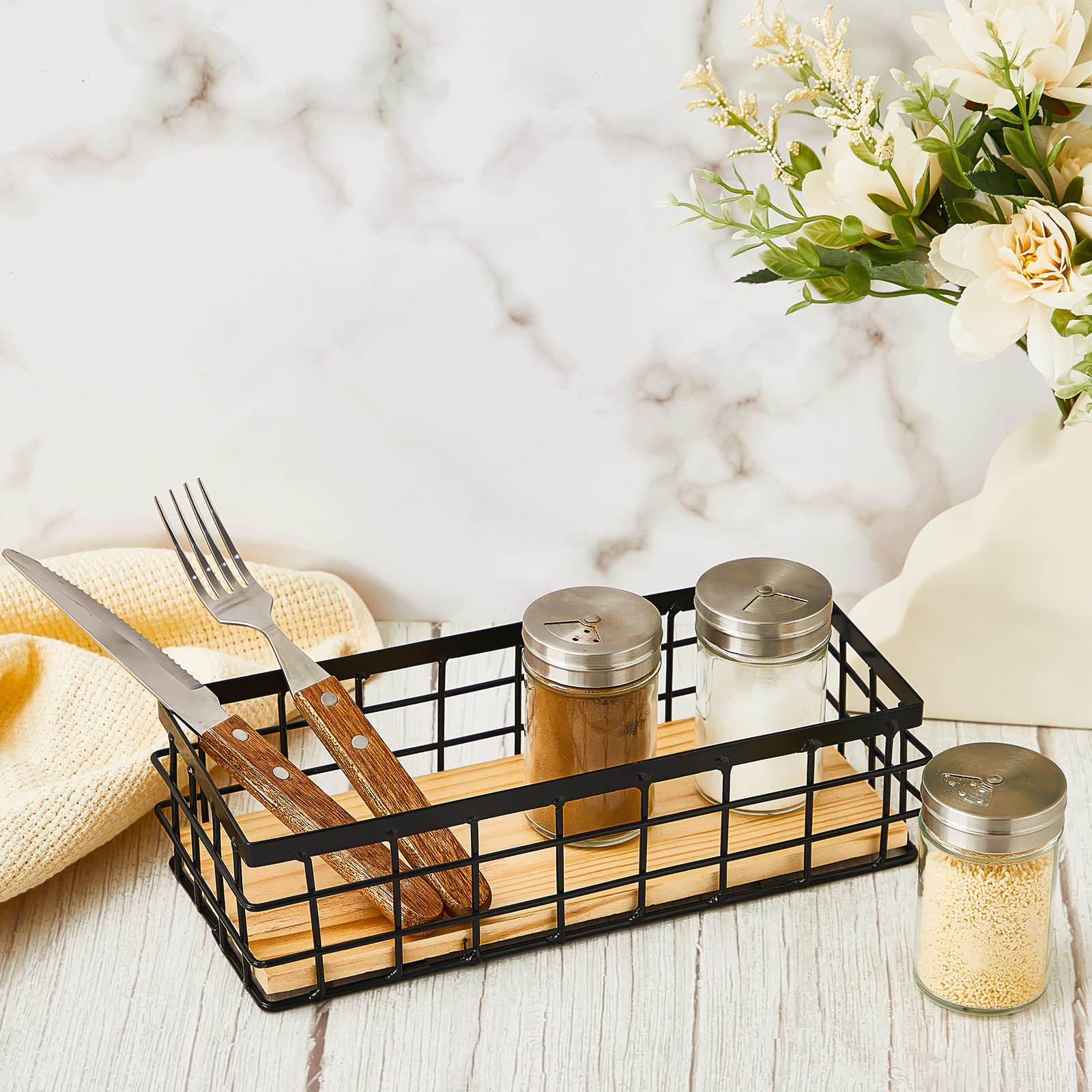 Funrous 2 Pcs Metal Wire Basket Toilet Paper Basket Wire Bathroom Storage Organizer With Wooden Base Rectangular Wall Mounted Me