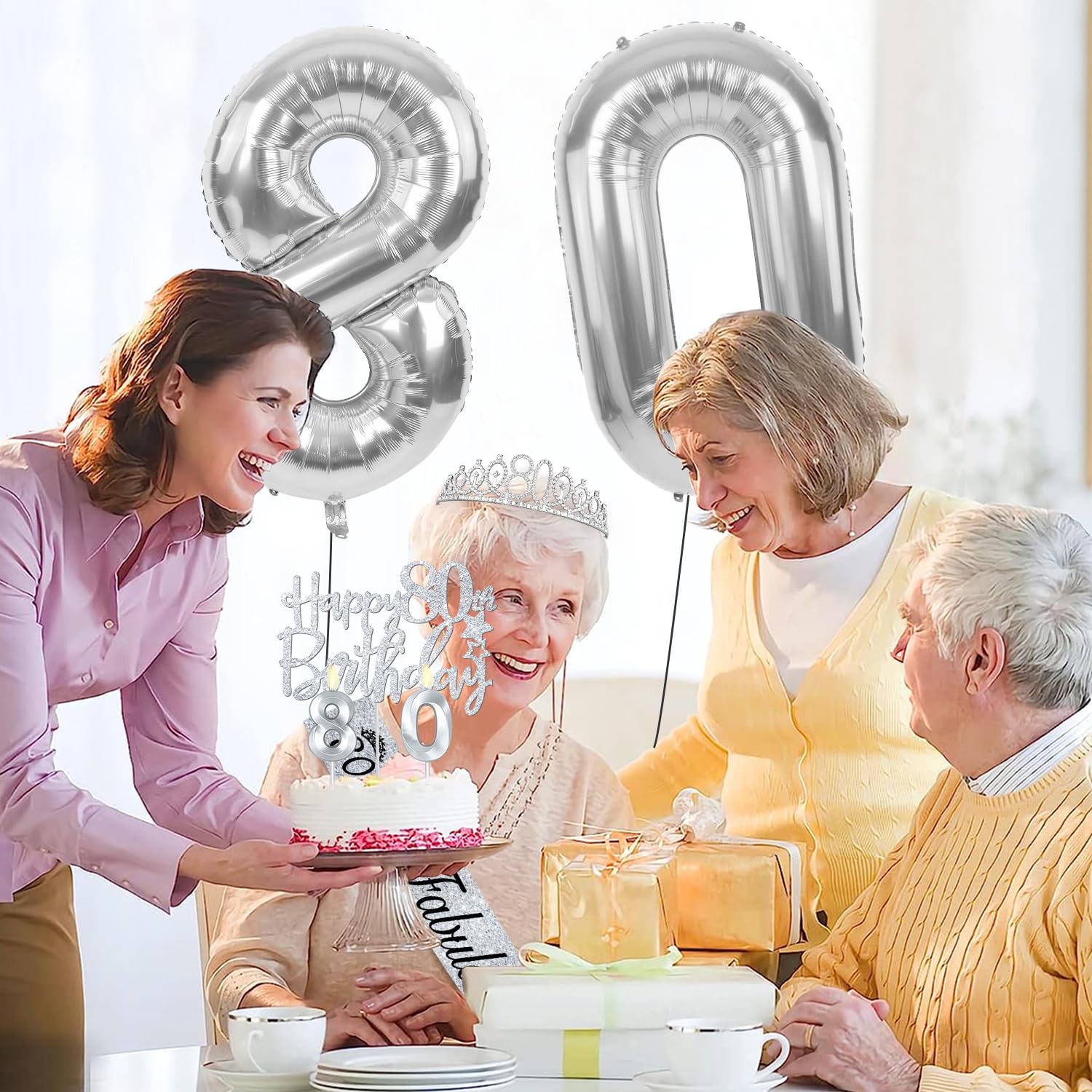 80th Birthday Decorations for Women Silver with 80th Birthday Sash and Crown, Cake Topper and Candles, Silver Number Balloons, 8