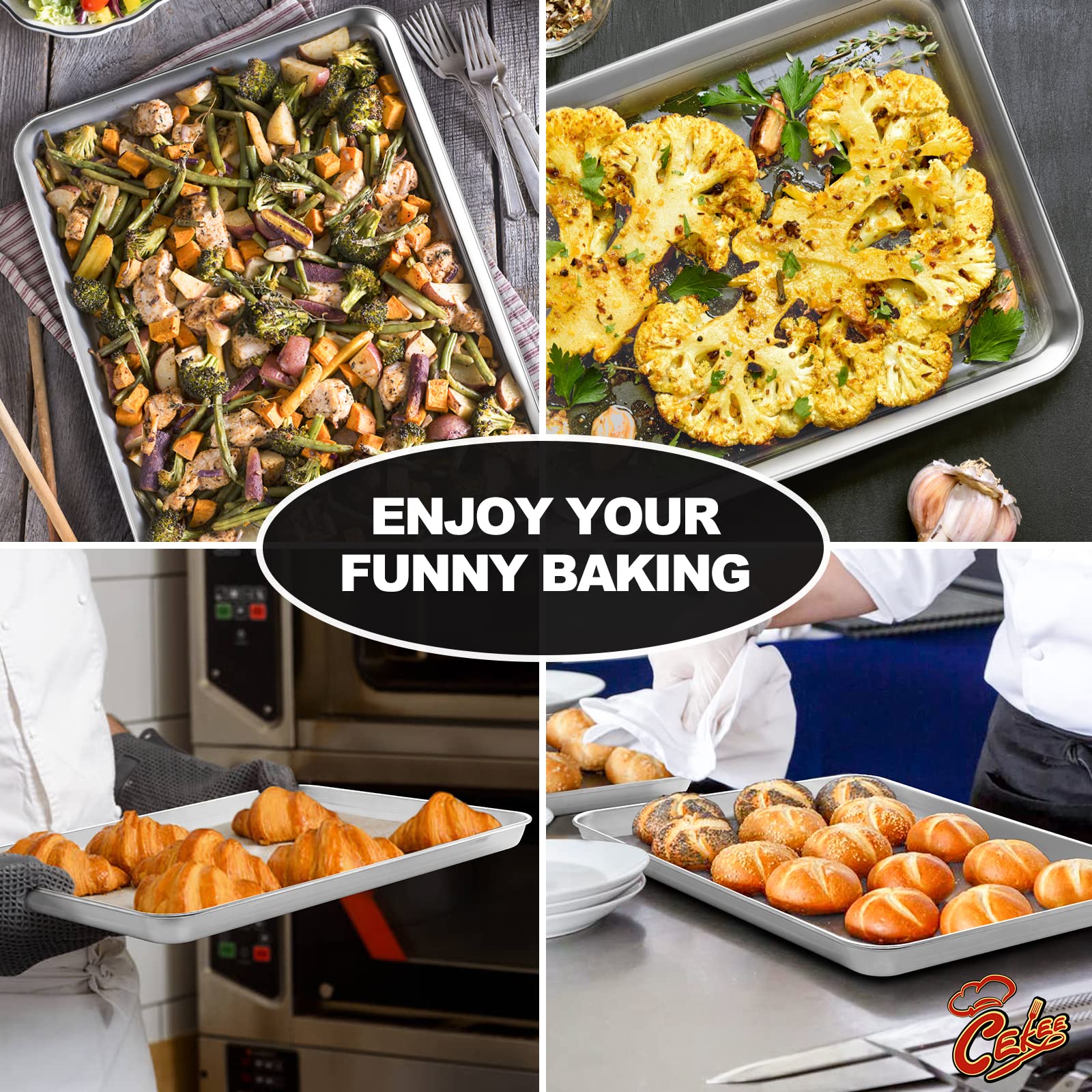 Half Sheet Pan Of 2, Cekee Stainless Steel Baking Sheet Pan Tray Cookie Sheet, Size 18 X 13 X 1 Inch, Healthy & Non Toxic, Rust