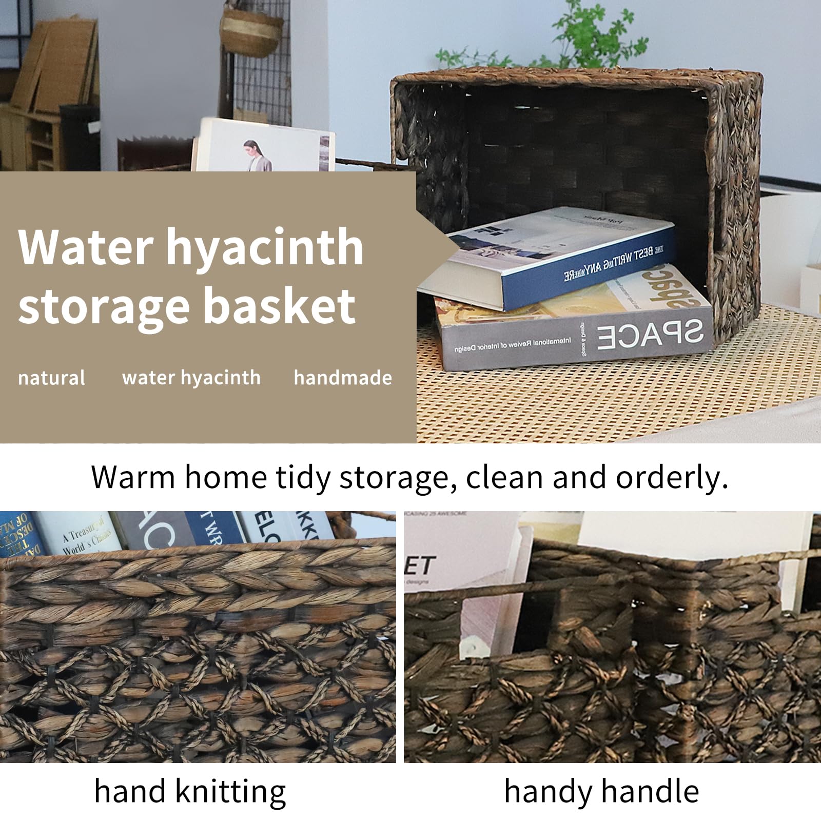 Rectangular Wicker Storage Basket, Dark Water Hyacinth Basket With Inside Handles Shelves Kitchen Office Desk (Large)
