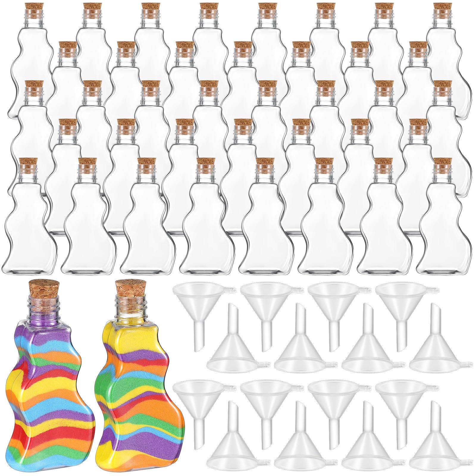 Nuenen Plastic Sand Art Bottles with Corks Wave Shaped Sand Art Transparent Containers with Mini Funnels for Wedding Invitations