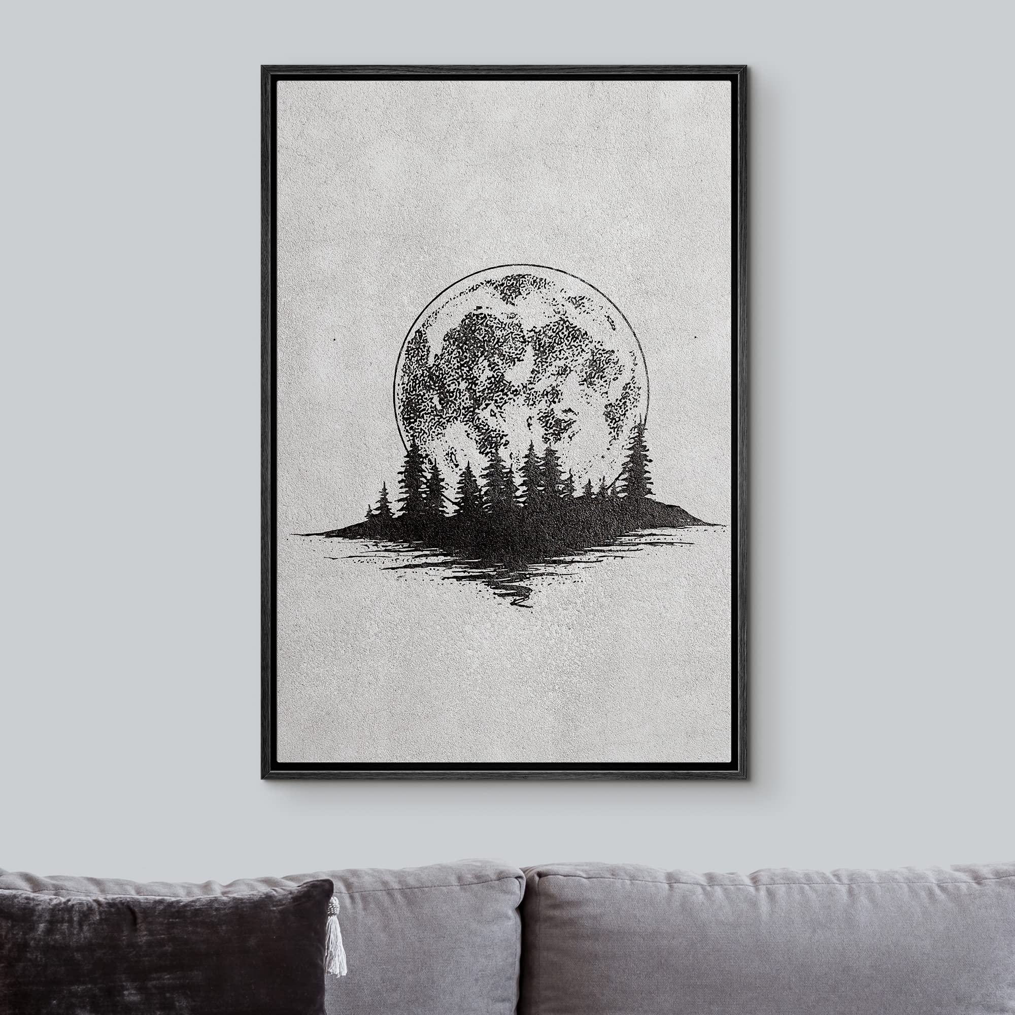 NWT Framed Canvas Print Wall Art Sketch Style Moon Over Pine Tree Forest Nature Wilderness Photography Realism Minimalist Scenic Black and White for Living Room  Bedroom  Office - 16''x24'' Black