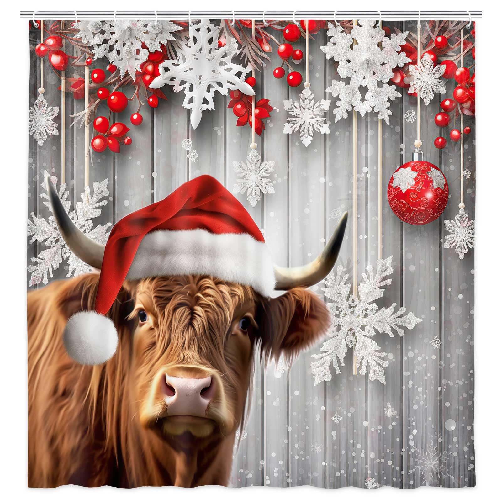 Highland Cow Christmas Shower Curtain, Funny Animals On Rustic Wooden Board Winter Farmhouse Snow Bathroom Bathtubs Decor, Polye