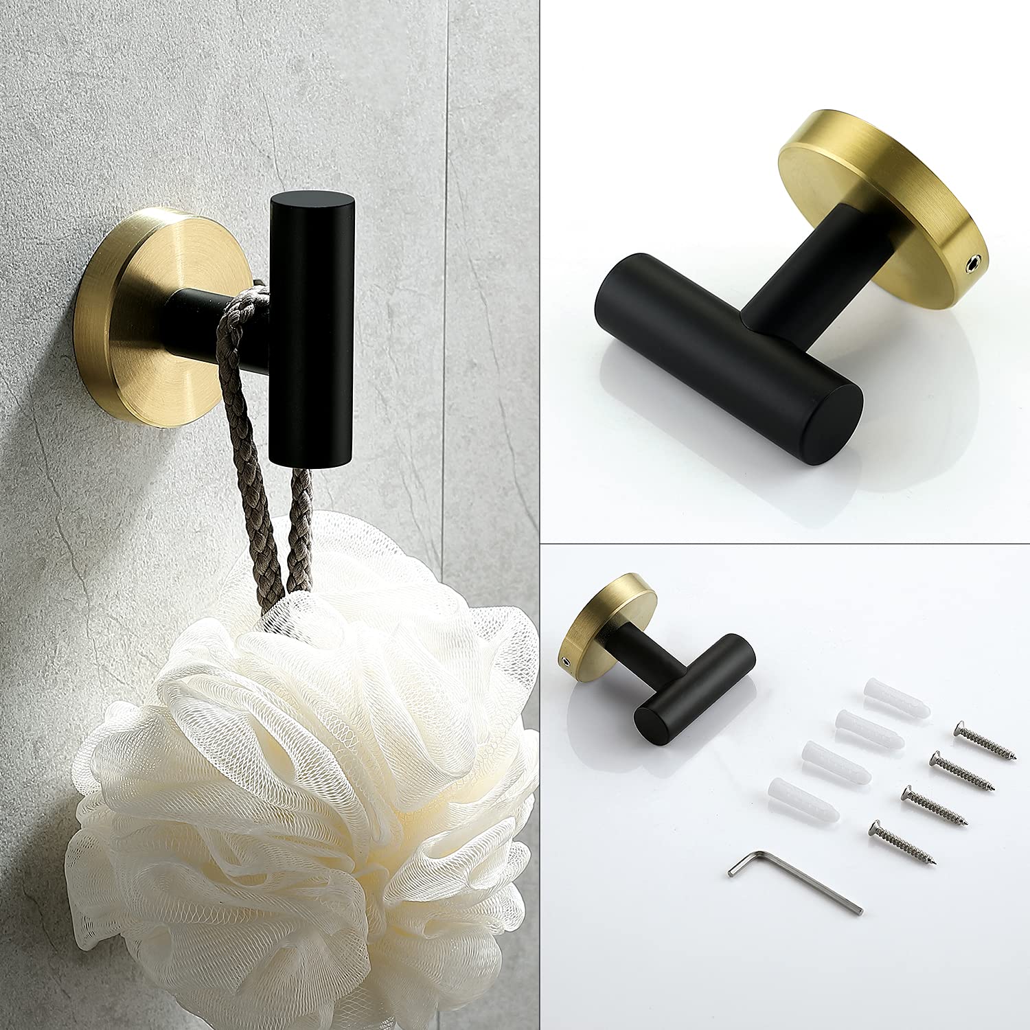 Ntipox 4 Piece Stainless Steel Matte Black and Brushed Gold Bathroom Hardware Set Include Hand Towel Ring Holder  Toilet Paper Holder and 2 Robe Towel Hooks Bathroom Accessories Kit