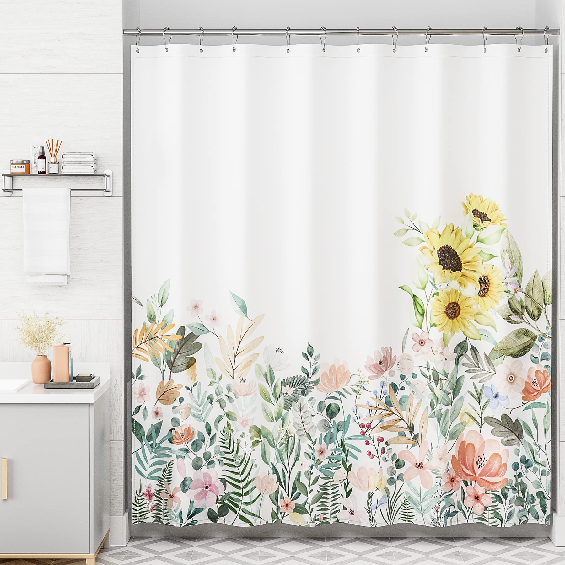 AmazerBath Floral Shower Curtain  Cloth Fall Flower Shower Curtains for Bathroom Decor  Rustic Washable Sunflower Eucalyptus and Leaves Fabric Shower Curtain Sets with 12 Metal Hooks  72x72 Inches