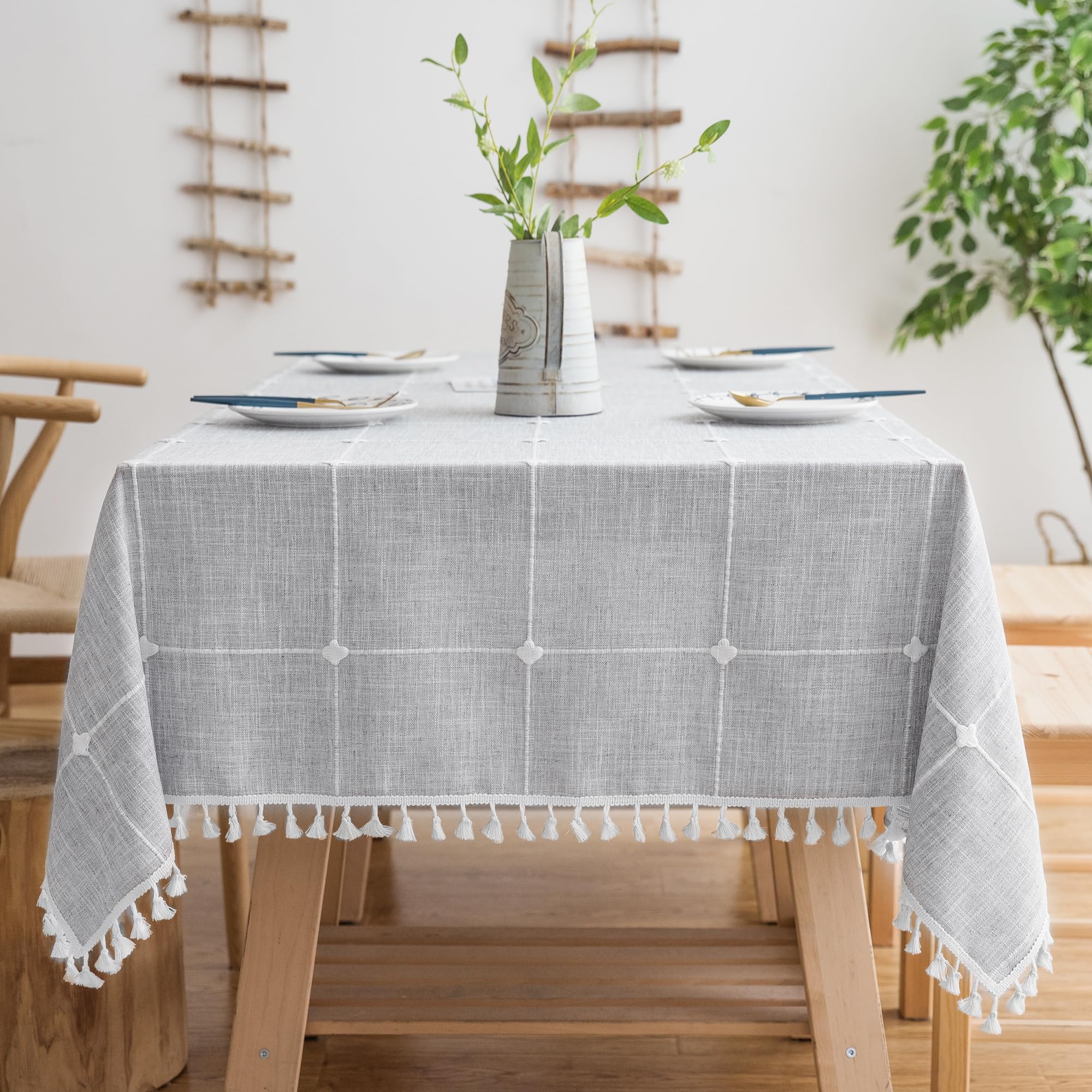 Oubonun Cotton Linen Rectangular Table Cloth, Wrinkle Resistant, Waterproof Tablecloth, Washable Farmhouse Table Cover With Tass