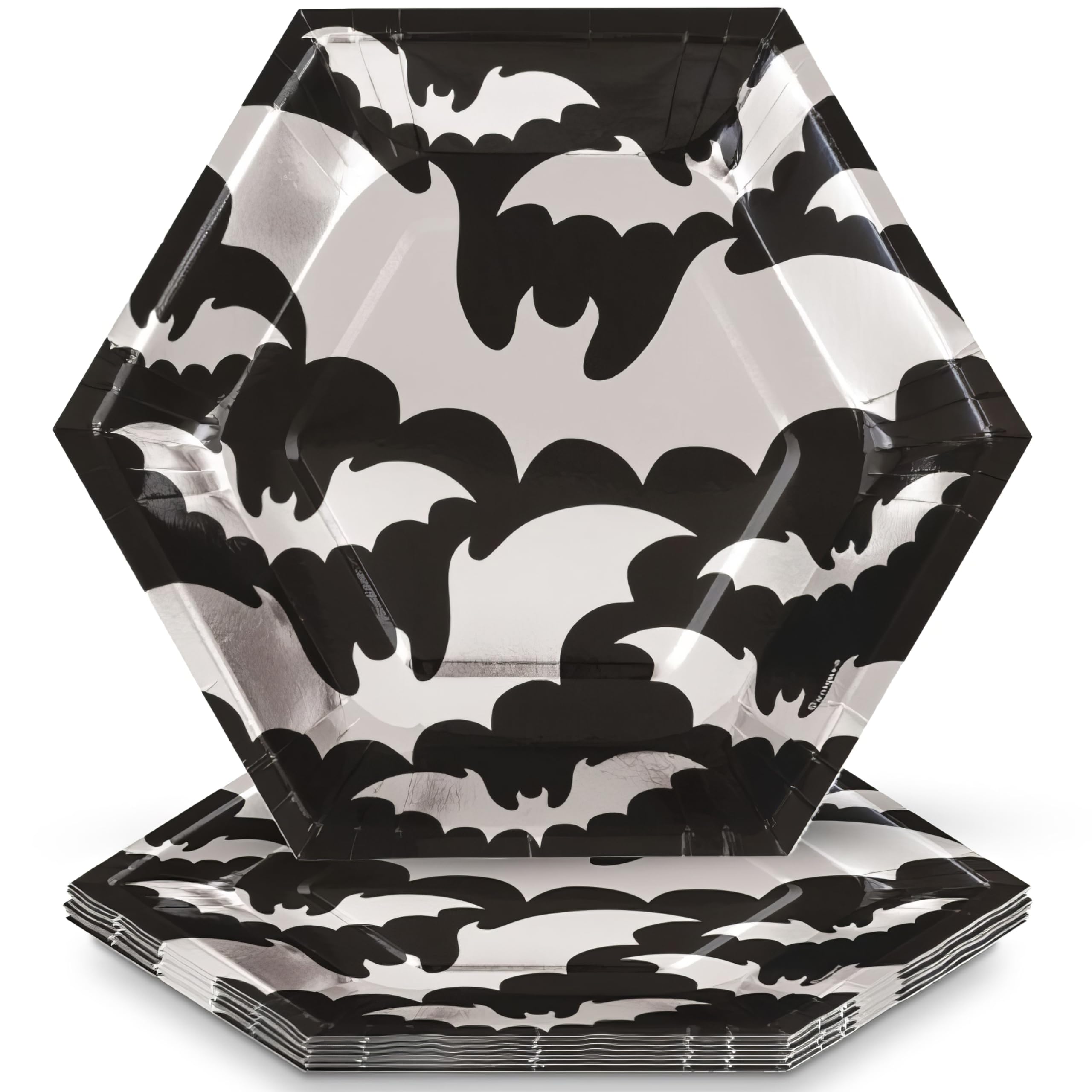 Unique Enchanting Foil Stamped Silver Bats Hexagonal Halloween Dessert Paper Plates (8.25'') - 8 Ct -Ideal For Seasonal Parties