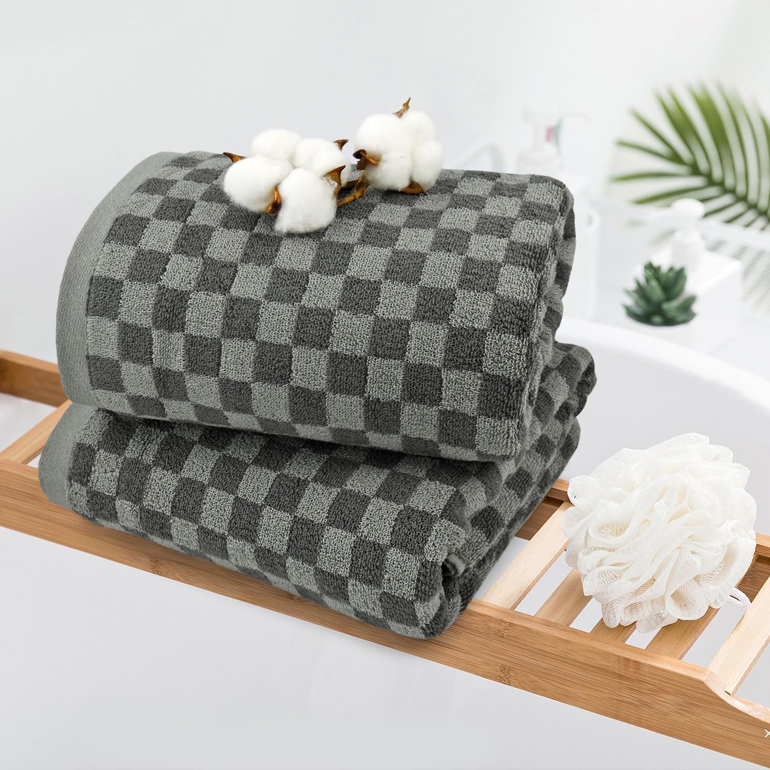 Pack Of 2 Cotton Bath Towels (Grey Checkered), Ultral Soft Shower Towels Bathroom Essentials Large Size 54    X 28   , Luxury Me
