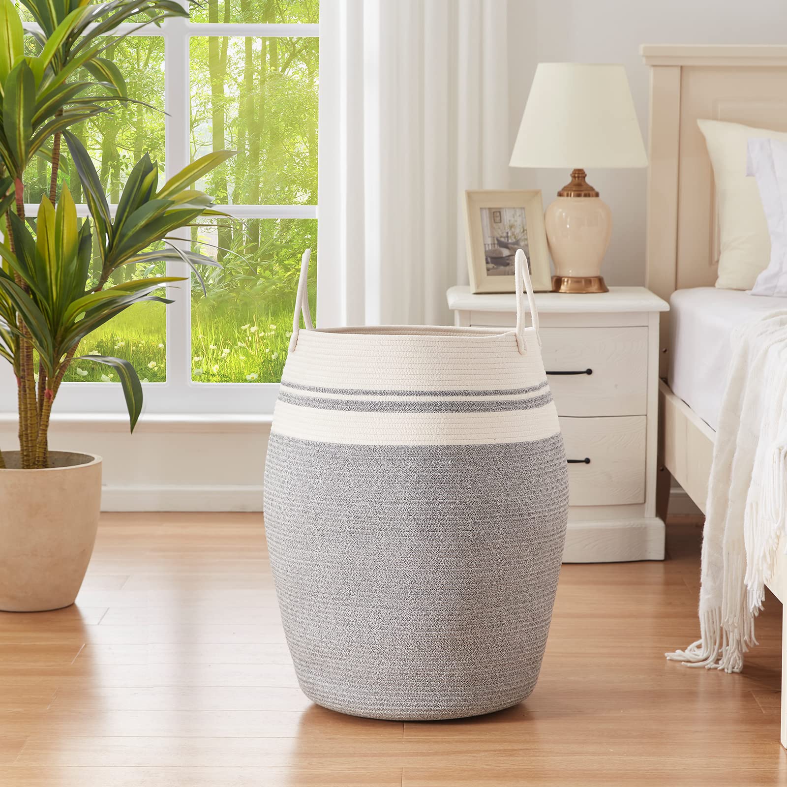 Oiahomy Laundry Hamper Woven Cotton Rope Large Clothes Hamper 25.6'' Height Modern Curve Basket With Extended Cotton Handles For