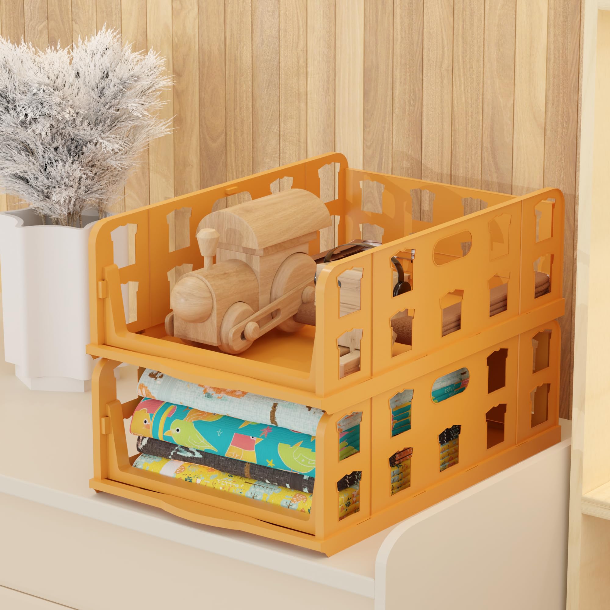 Kuber Industries 2 Pcs Foldable Kids Wardrobe Organizer For Clothes Storage | Stackable Slide Out Baby Dress Organiser For Wardr