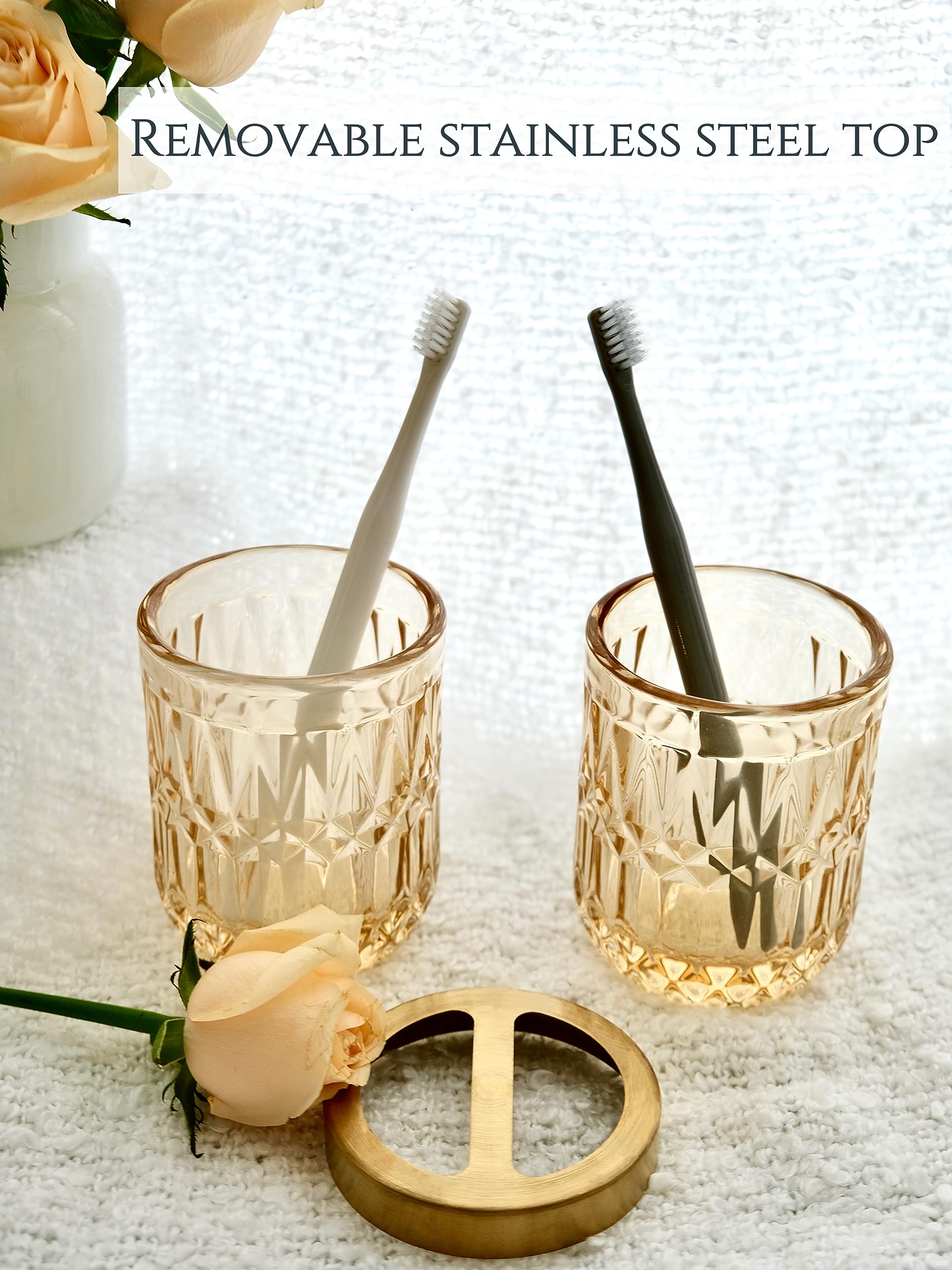 LaMarriti 5Pcs Clear Gold Glass Bathroom Accessory Complete Set  Lotion Dispenser  Soap Dish  Tumbler  Cotton Swab Jars  Toothbrush Holder Set Bathroom Decor and Gift Set  Golden  Yellow-Orange