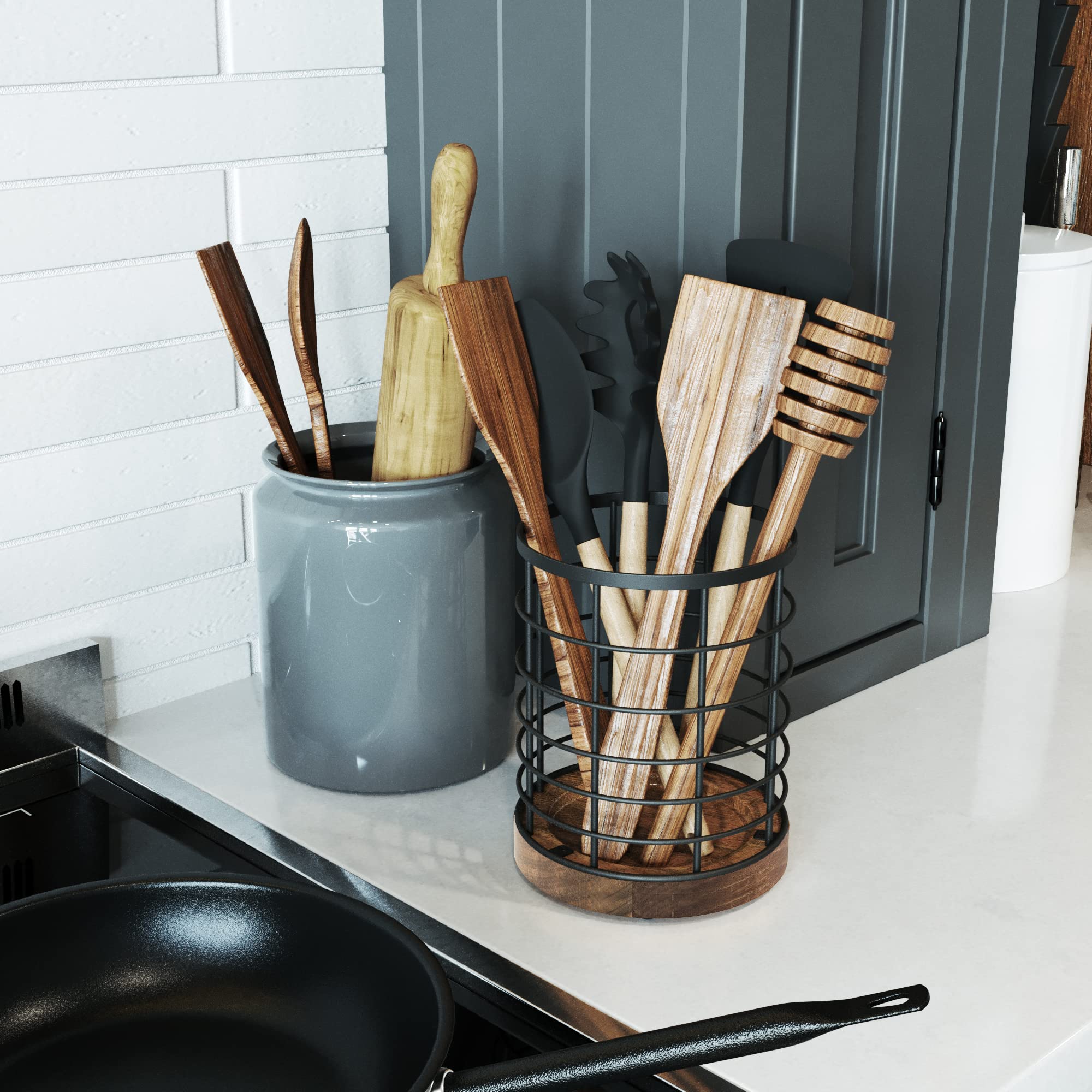 Wildmos Utensil Holder For Kitchen Counter,Black Wire With Wooden Base Countertop Utensil Holder, Large Wooden Cooking Utensil H