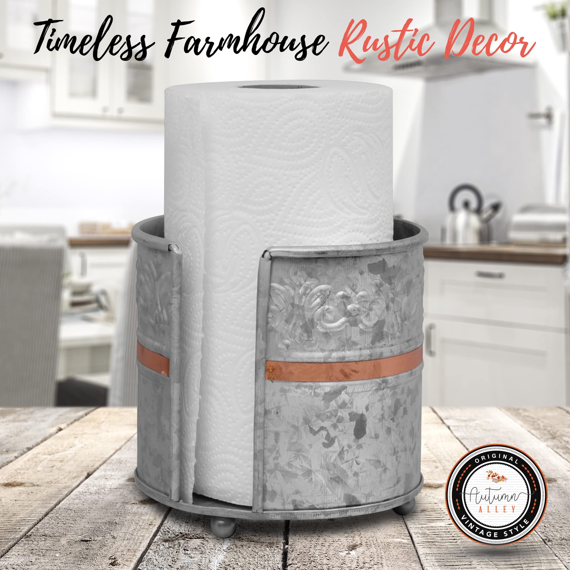 Autumn Alley Farmhouse Galvanized Kitchen Paper Towel Holder - Vintage Style Weighted Countertop Design - Rustic Warm Copper Acc