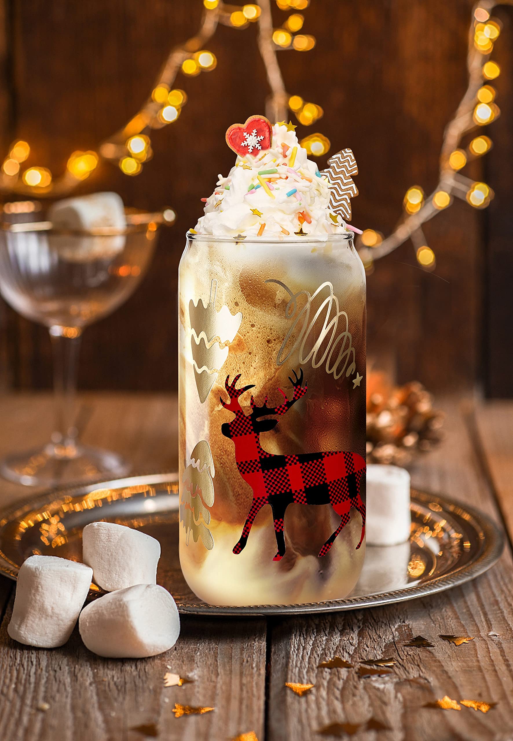 Christmas Cups, 18oz Christmas Iced Coffee Glass Cups with Lids and Straws White Elephant Gifts for Adults Colorful Xmas Tree El
