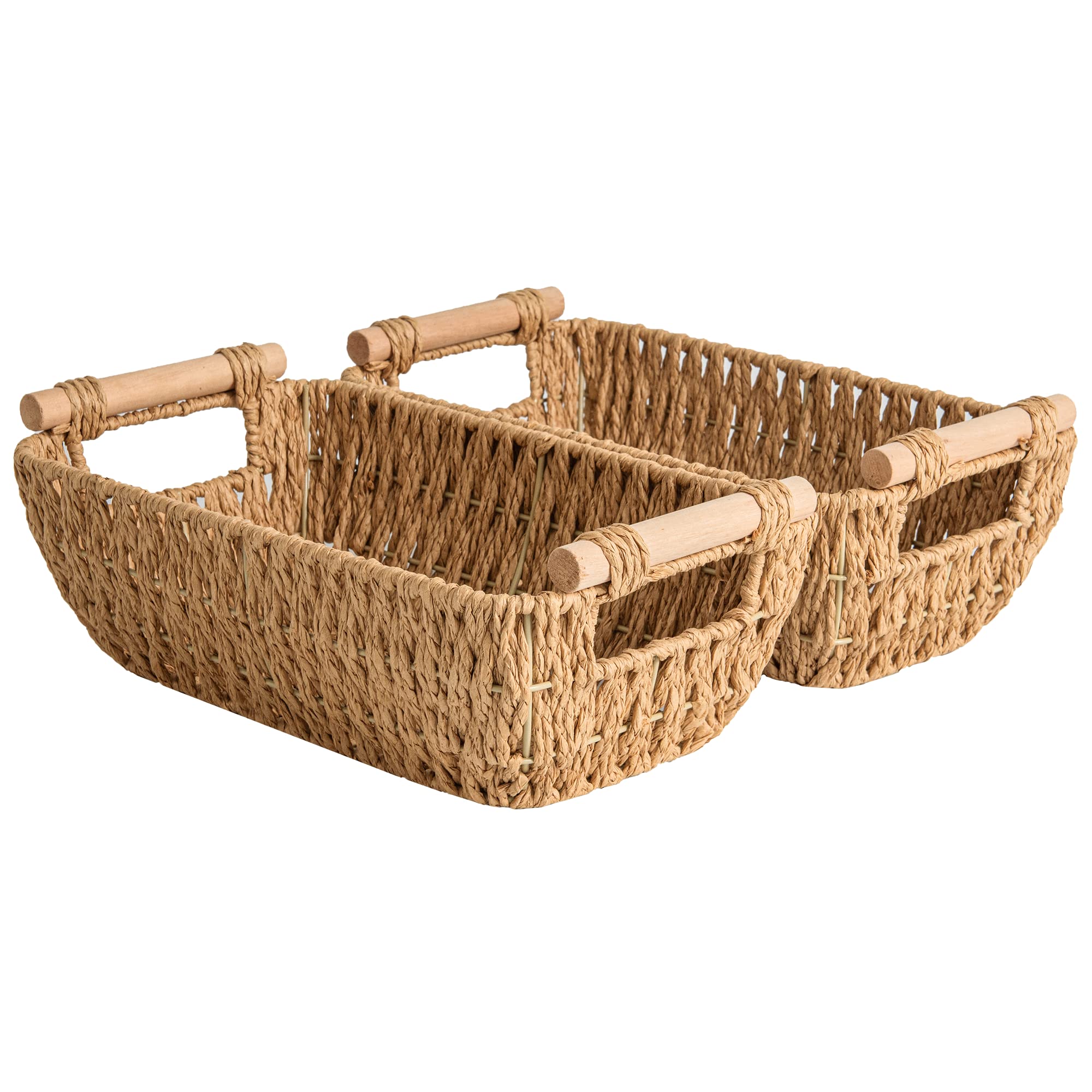 Storageworks Hand-Woven Small Wicker Baskets, Round Paper Rope Storage Baskets With Wooden Handles, Light Brown, 2-Pack