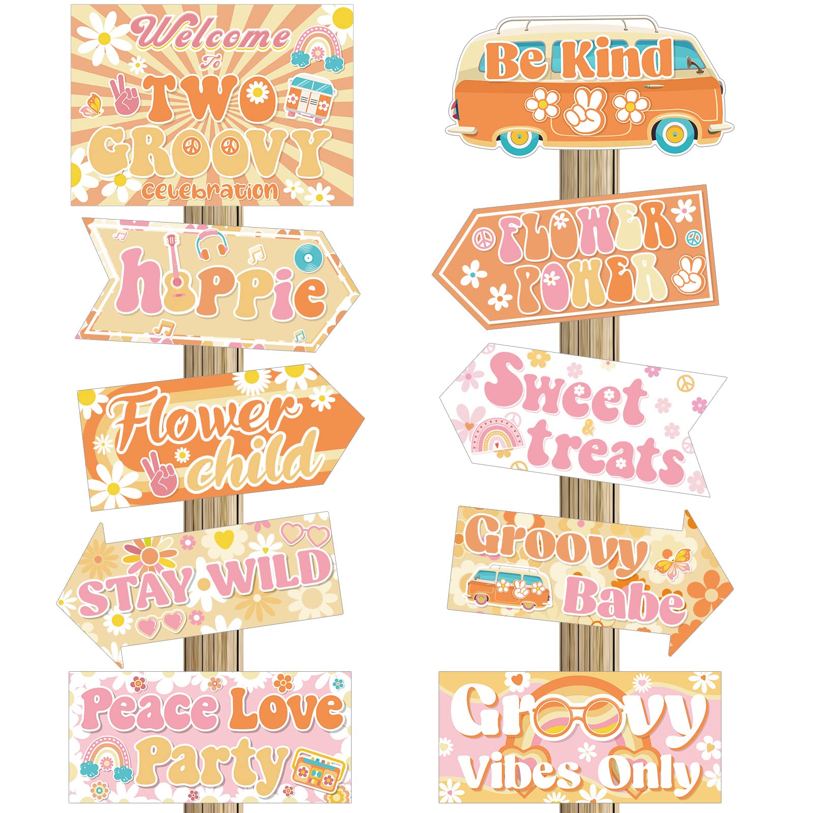 Jecery 20 Pcs Two Groovy Party Decorations Retro Hippie Boho Party Signs 60'S Retro Decor Groovy Party Decorations Boho Hippie W