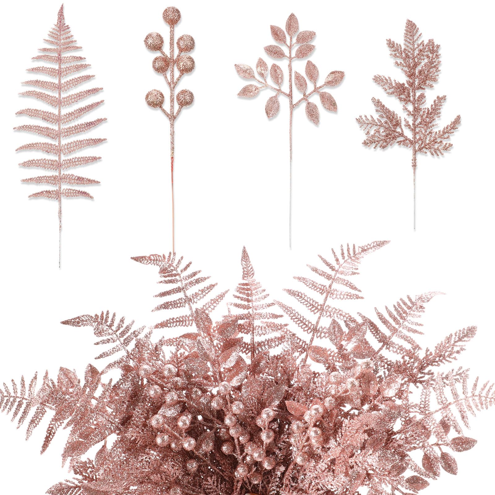Moucuny 40 Pcs Christmas Glitter Artificial Picks Set Christmas Leaf Sprays Cedar Picks Glitter Berries Stems Tropical Leaf Pine