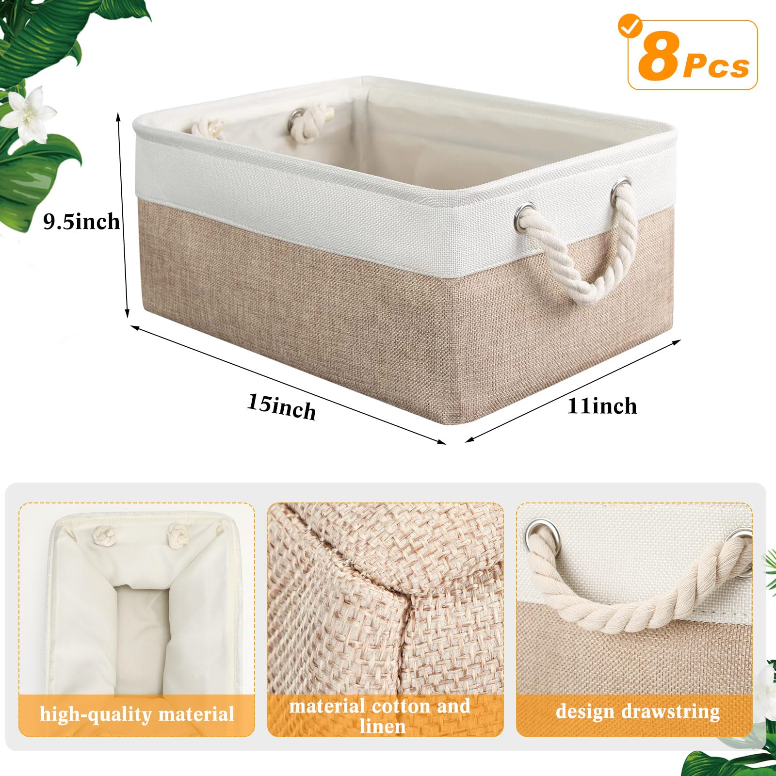 Meekoo 8 Pack Collapsible Storage Bins Fabric Storage Bins Polyester Fabric Storage Baskets With Handles Linen Closet Organizer