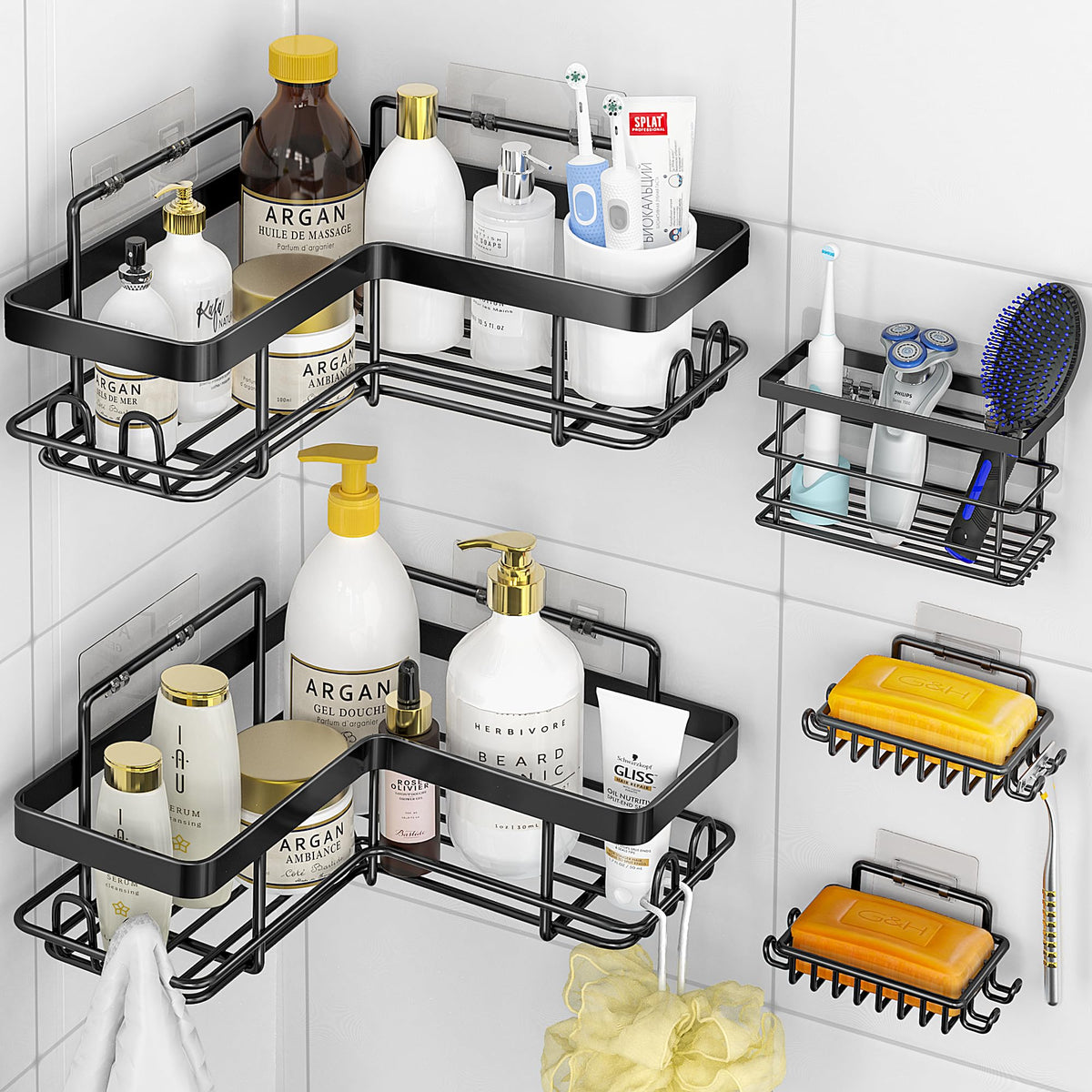 Moforoco 5-Pack Shower Caddy, L-Shaped, 10.2In Diameter, 90-Degree Right Angle, Rustproof, Easy Installation, 12 Hooks, Soap Hol