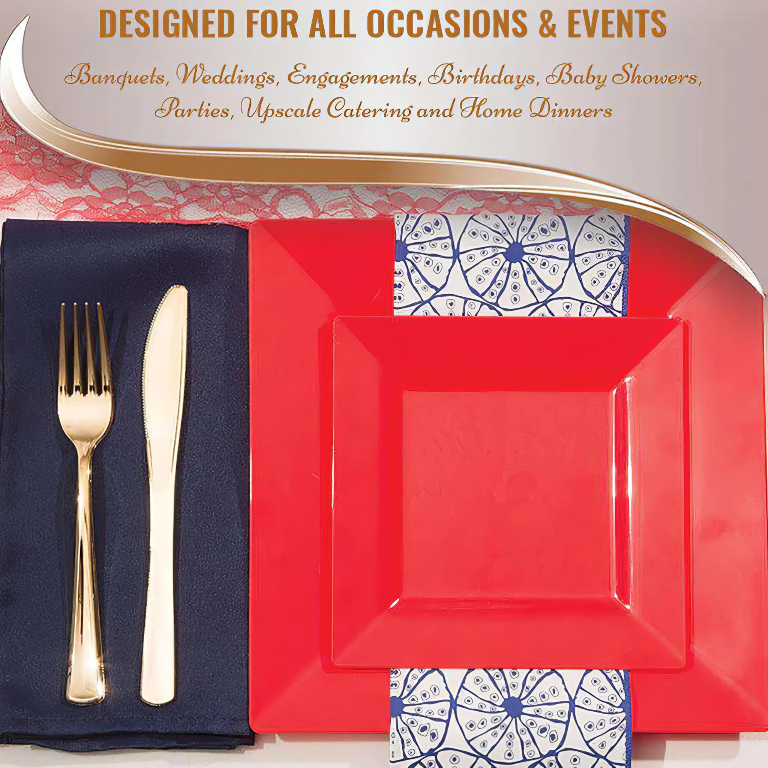 Kaya Elegant Red Square Dinner Plates - 9.5'' (Pack Of 10) - Perfect For Weddings, Birthday Parties, Festivals & More