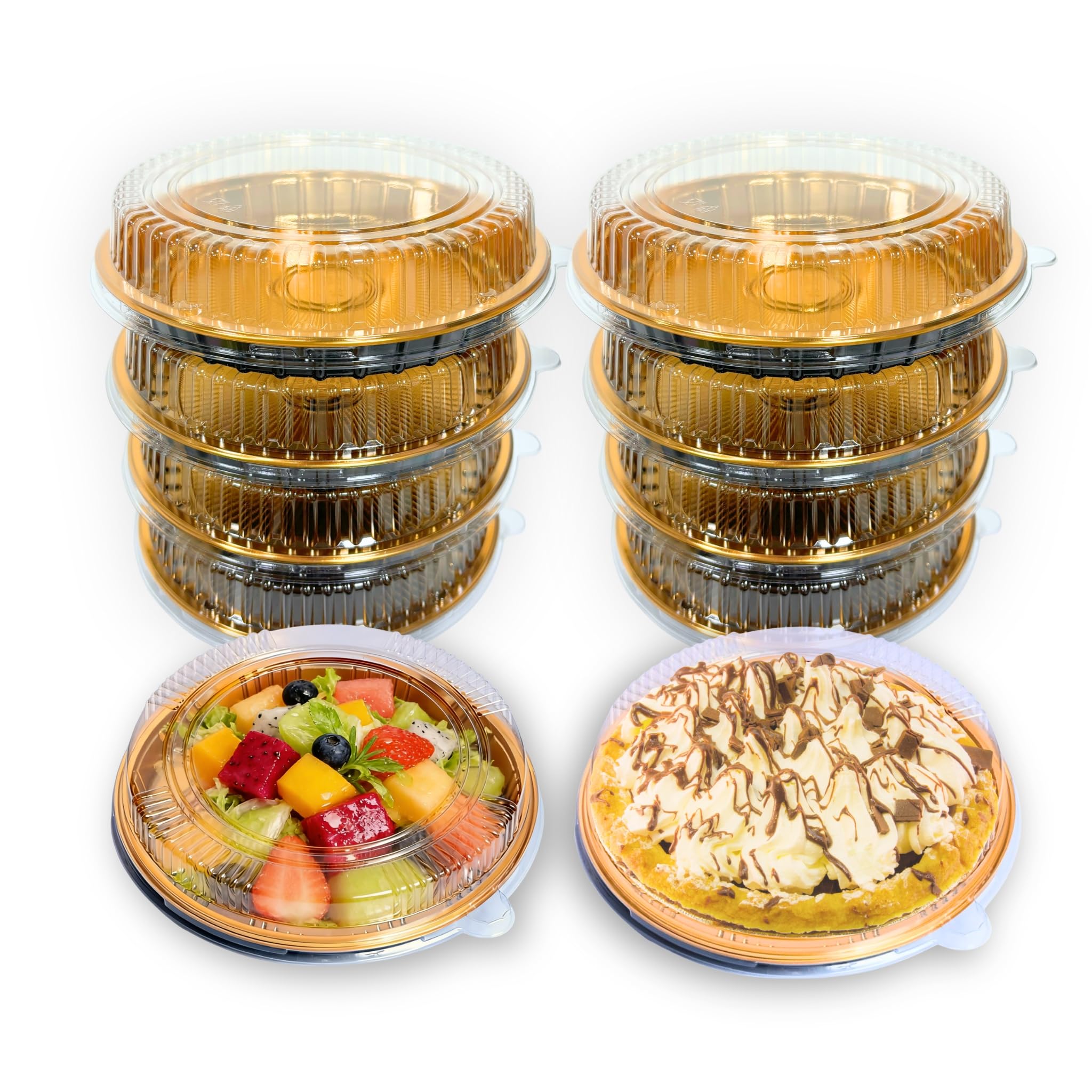 CHAQiWi Disposable Pie Carrier with Clear Lid, 9.8 Inch Gold Plastic Serving Tray, Round Pies Holder for Pizza Dessert Salad Fru