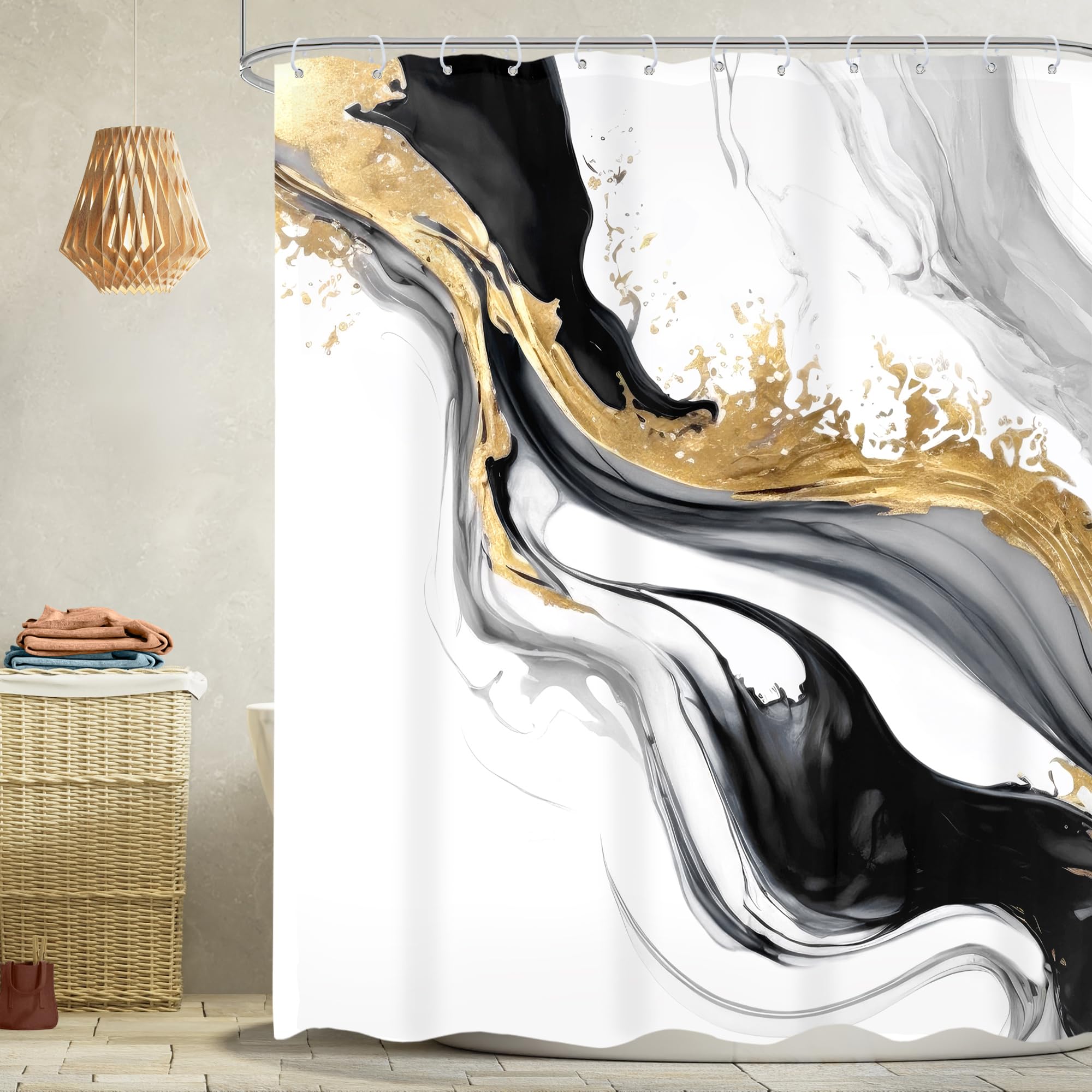 Omifly Black White Gold Marble Shower Curtain 60Wx72H Inch Abstract Modern Luxury Ink Texture Minimalist Gray Ombre Aesthetic Fl
