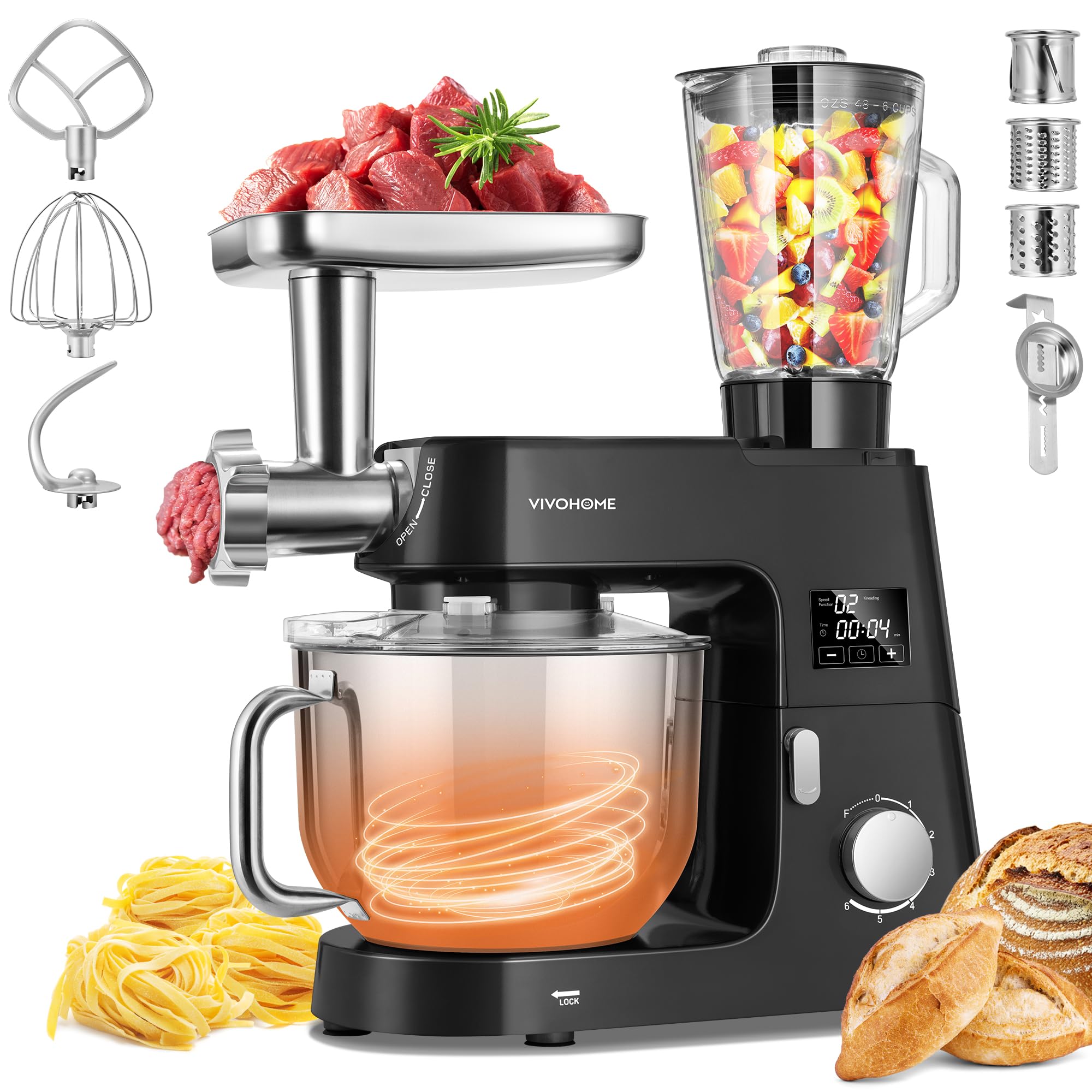 VIVOHOME 9 in 1 Multifunctional Stand Mixer with Fermentation, 6 Speed 7.5 Quart Kitchen Electric Food Mixer with Timer, Meat Gr