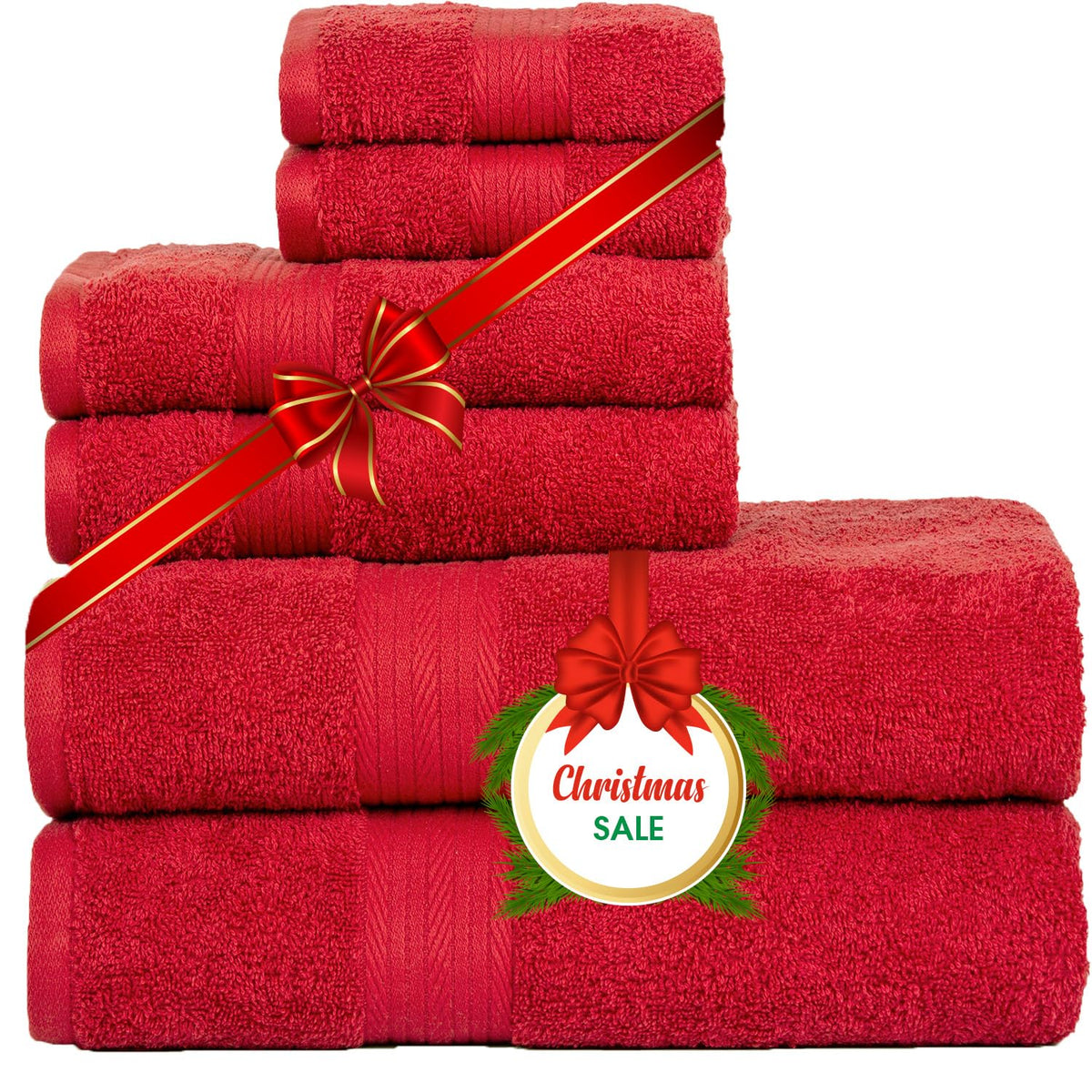 Ample Decor 100% Cotton 6 Piece Bathroom Towels Set, 2 Bath Towels, 2 Hand Towels, 2 Washcloths, Quick Drying - Christmas Red To