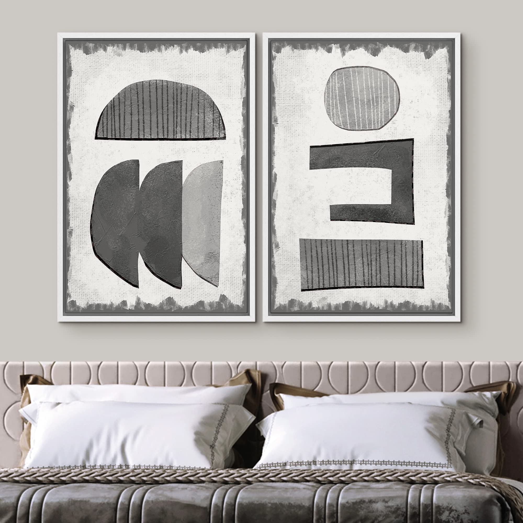 Signwin Framed Canvas Print Wall Art Set Art Deco Grunge Dark Black Polygons Abstract Shapes Illustrations Minimal Decorative No