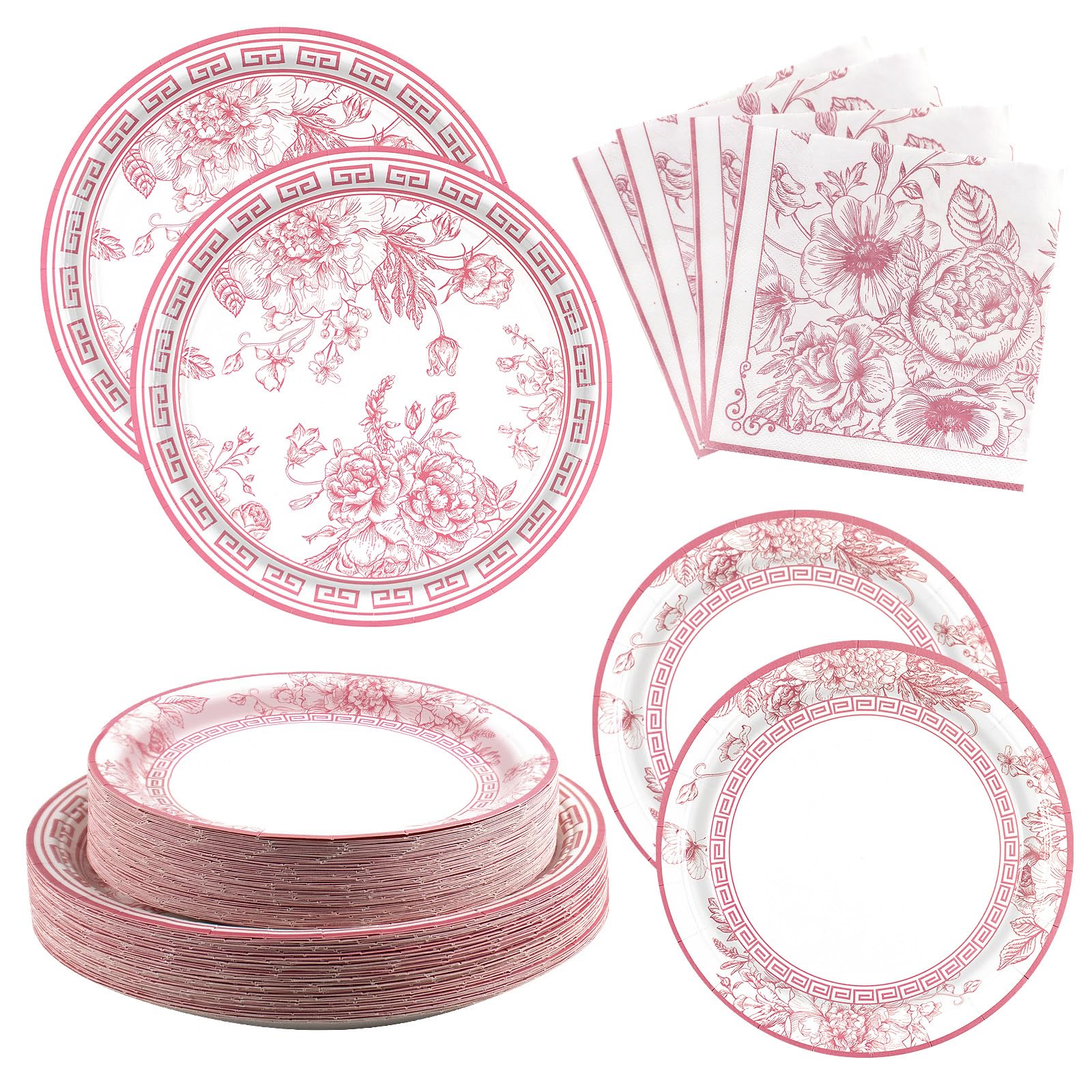 180PCS Pink White Floral Party Supplies Serve 60, Pink Flower Paper Plates and Napkins Kit for Bridal Baby Shower Wedding Tea Pa