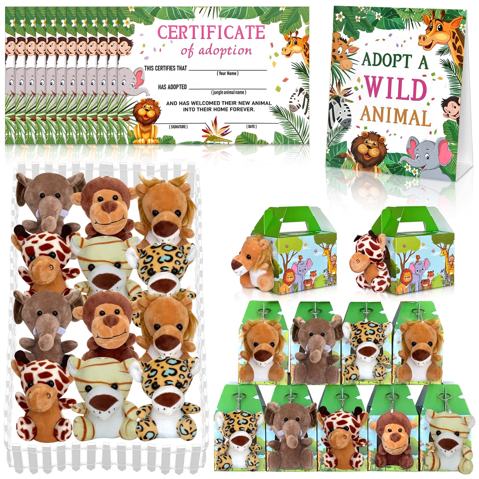 38 Pcs Safari Jungle Party Favors Include 12 Foldable Paper Boxes 12 Forest Mini Stuffed Animals 12 Adoption Cards 1 Adoption Si
