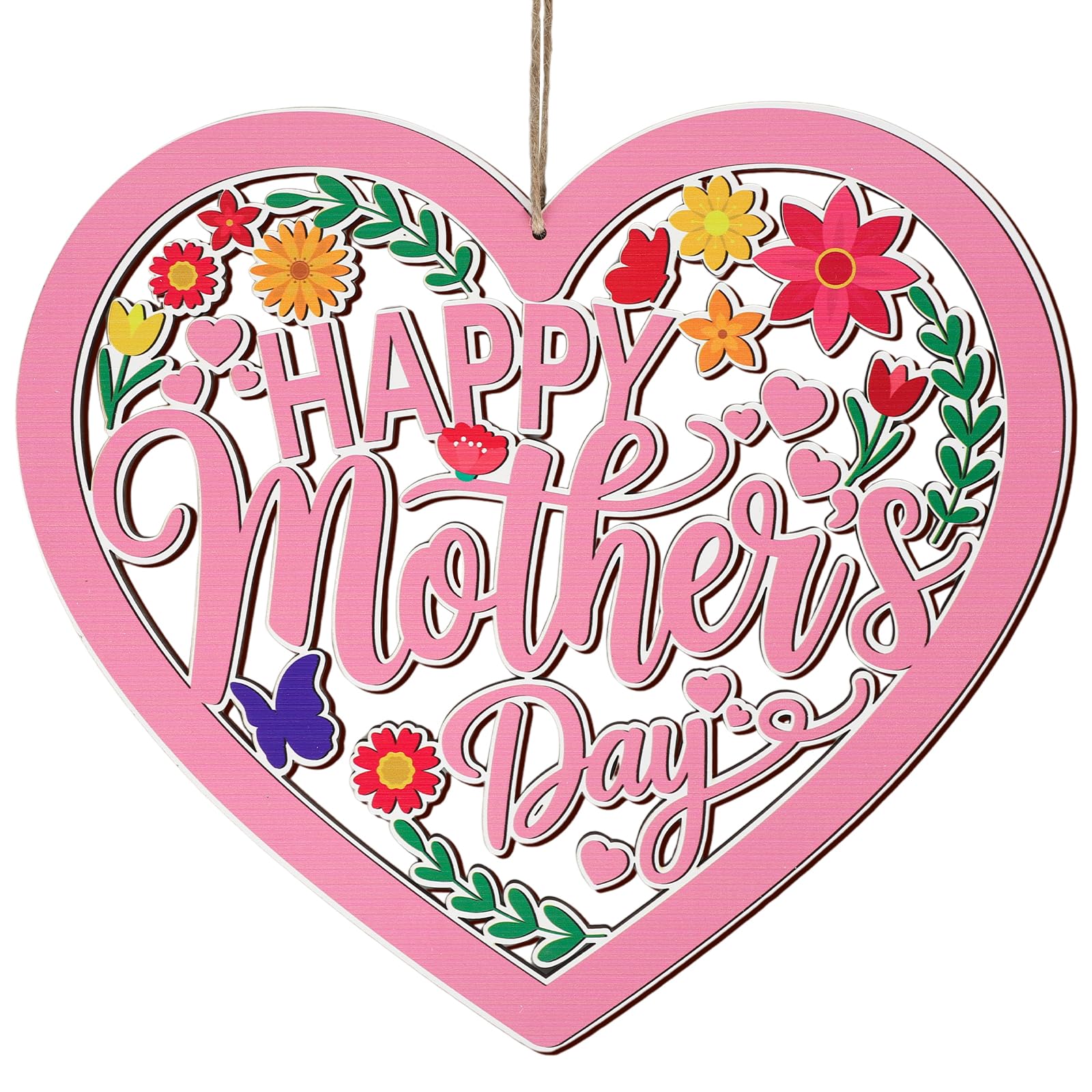 COCHIE Happy Mothers Day Decorations Sign, Wood Wreath for Front Door Porch Window Wall Hanging Decor, Pink Carnation Flowers H