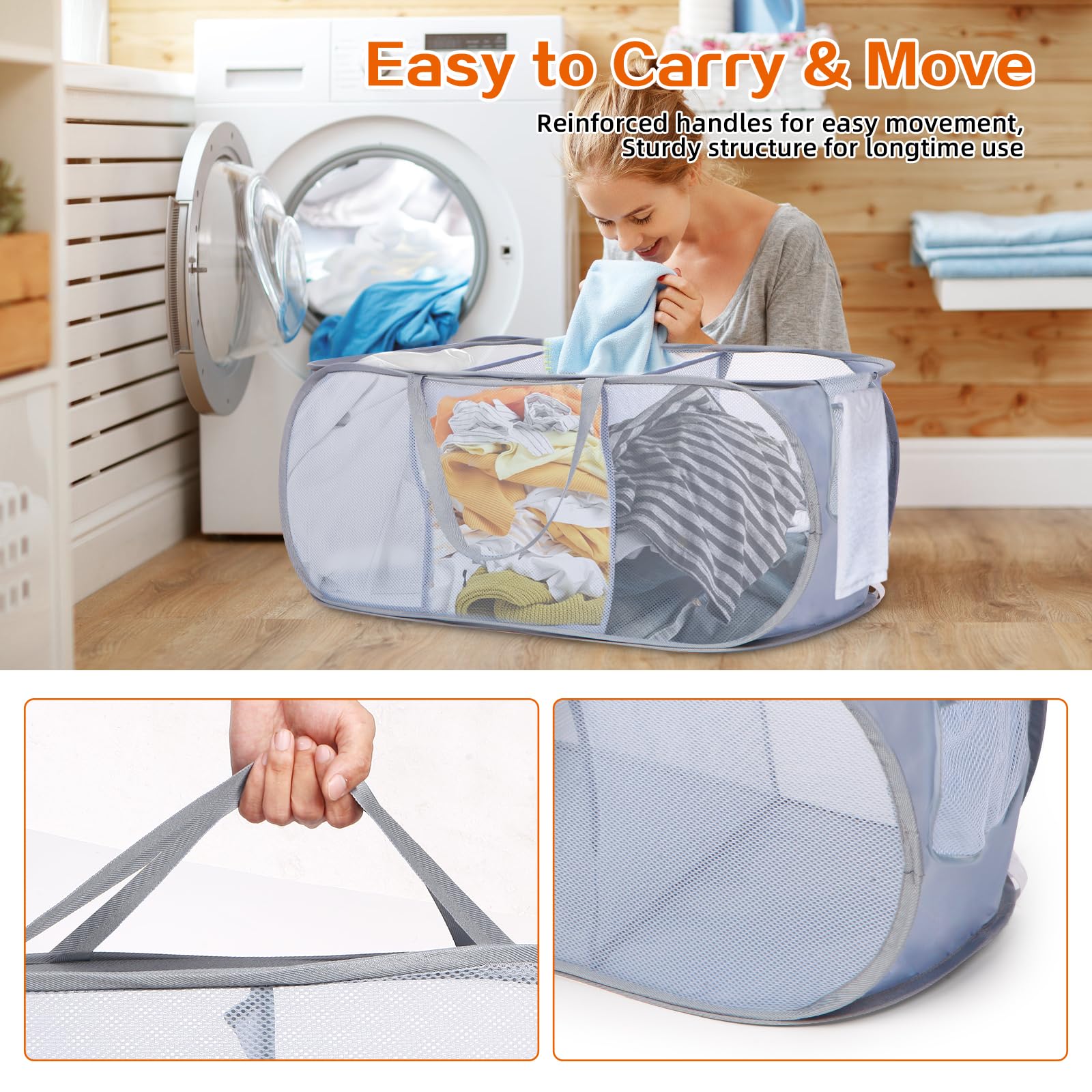 Durable Collapsible Laundry Baskets, Foldable Pop Up Laundry Hamper, Sturdy 3 Compartments Laundry Basket, Handy Pocket & Easy T