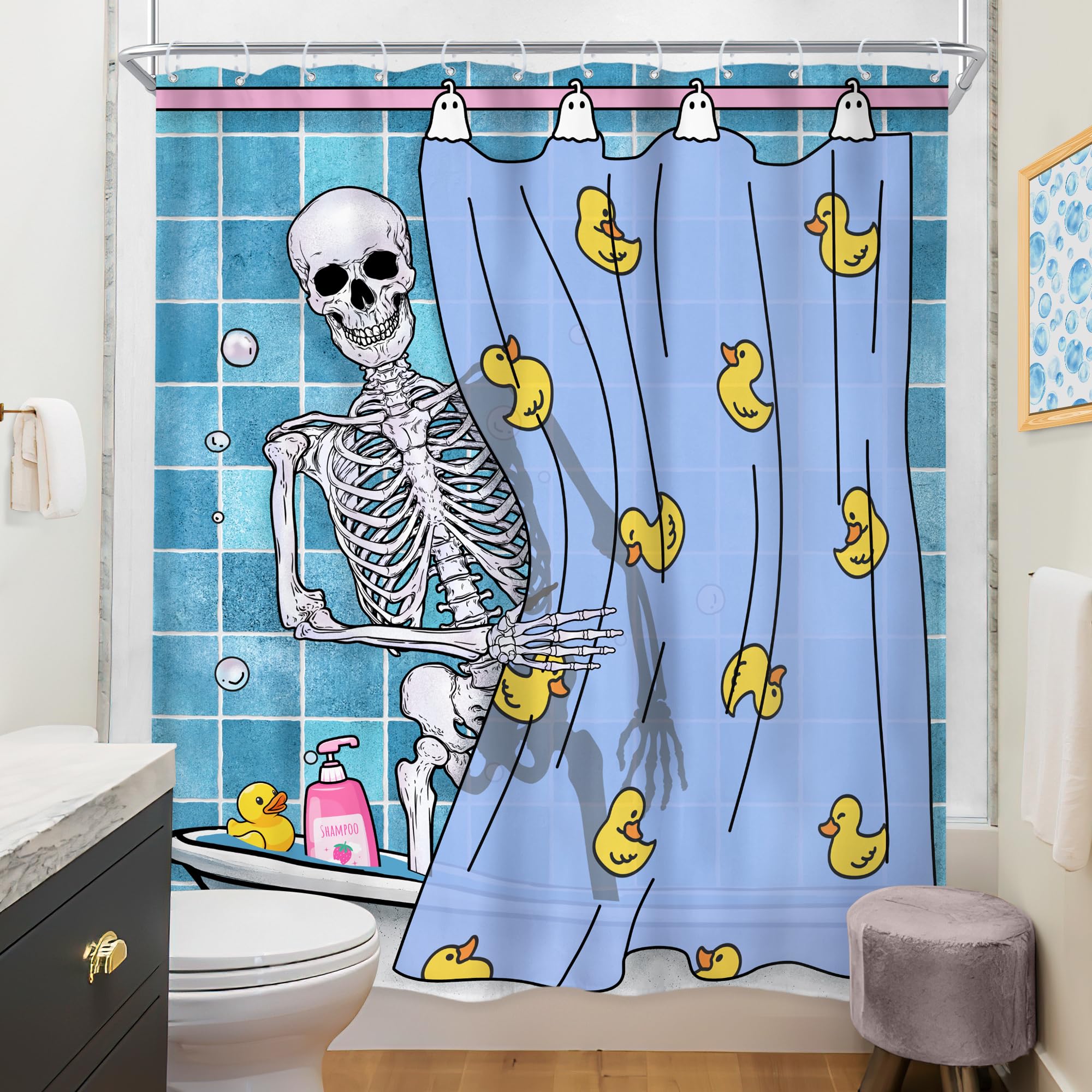 Riyidecor Funny Shower Curtain 60Wx72H Inch Kids Gothic Skull Skeleton In Bathtub Bathing Spooky Yellow Rubber Duck Cool Hilario