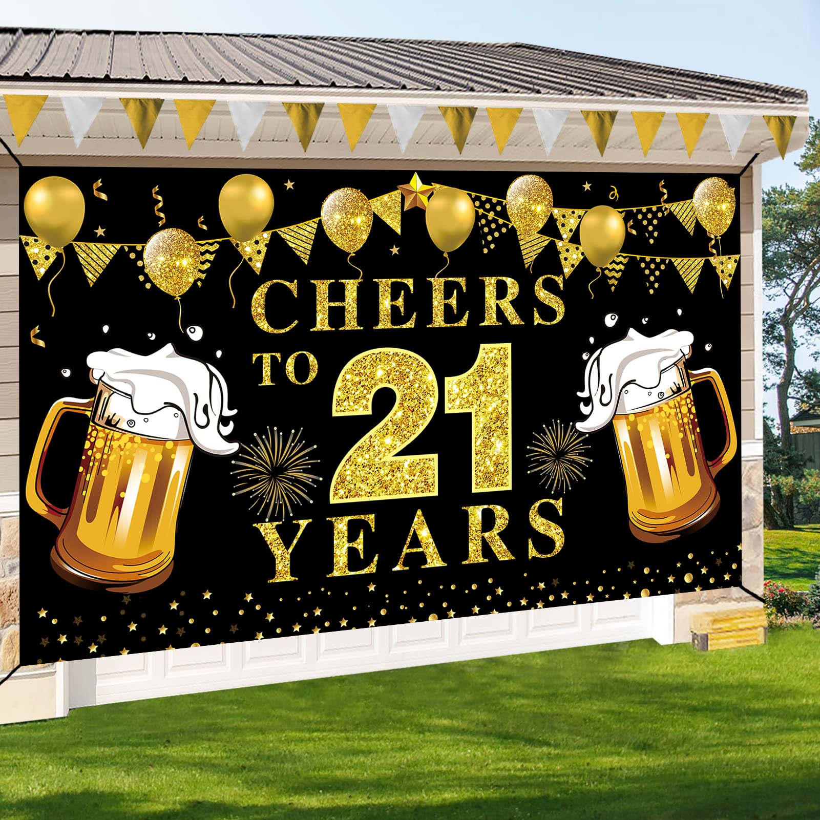 Lnlofen Happy 21St Birthday Banner Decorations, Black Gold Cheers To 21 Years Backdrop Party Supplies, 21St Anniversary Photo Bo