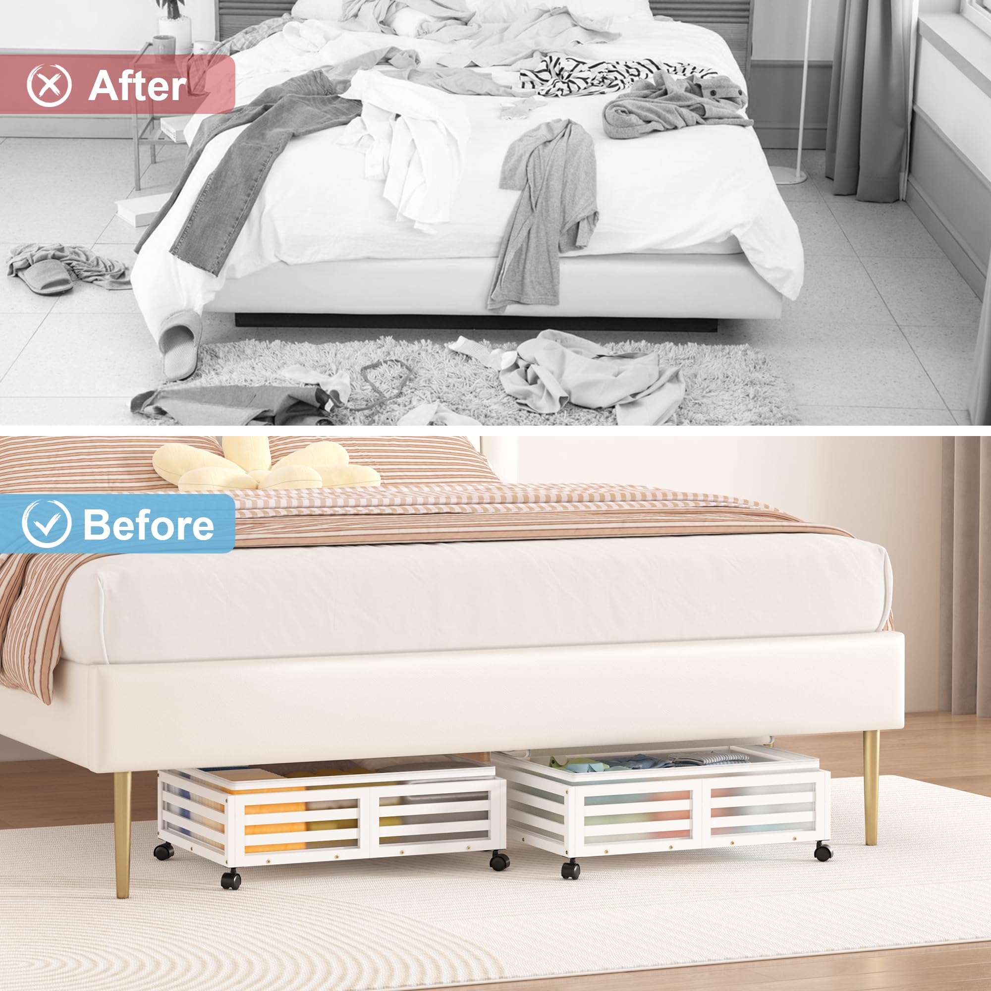 Under Bed Storage Containers - Bamboo Underbed Storage with Dust Bags | Under Bed Storage with Wheels | Stackable Under Bed Shoe