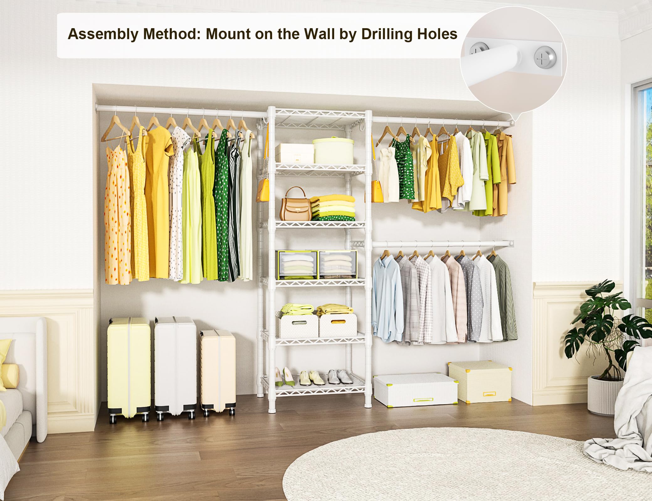 Ulif M5 Wall Mounted Clothes Garment Rack, Heavy Duty Closet Storage And Organizer With 6 Shelves And 3 Expandable Hanger Rods,