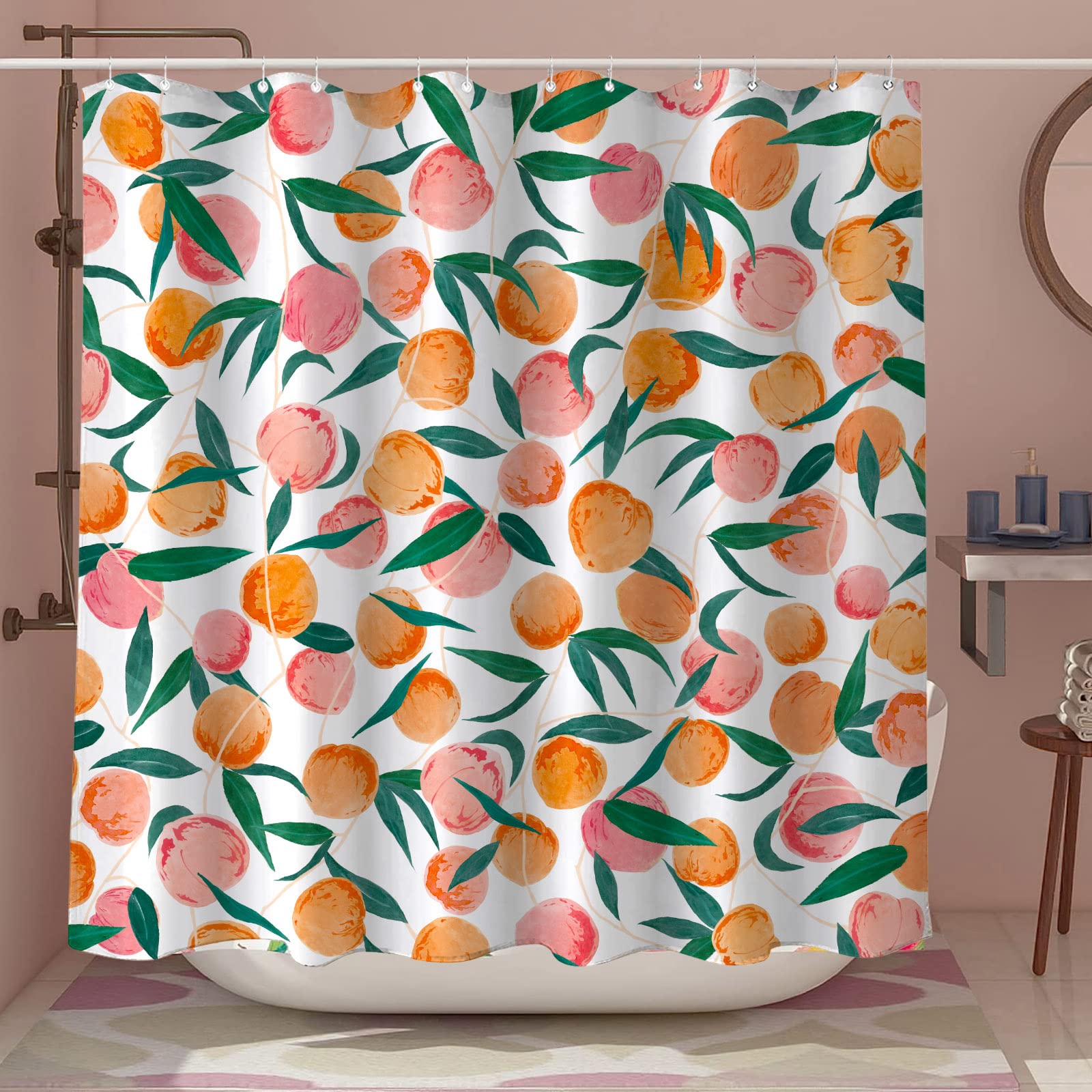 Lifeel Peach Shower Curtain, Allover Fruits Cute Bright Colorful Design Waterproof Fabric Bathroom Curtains Set With 12 Hooks, P