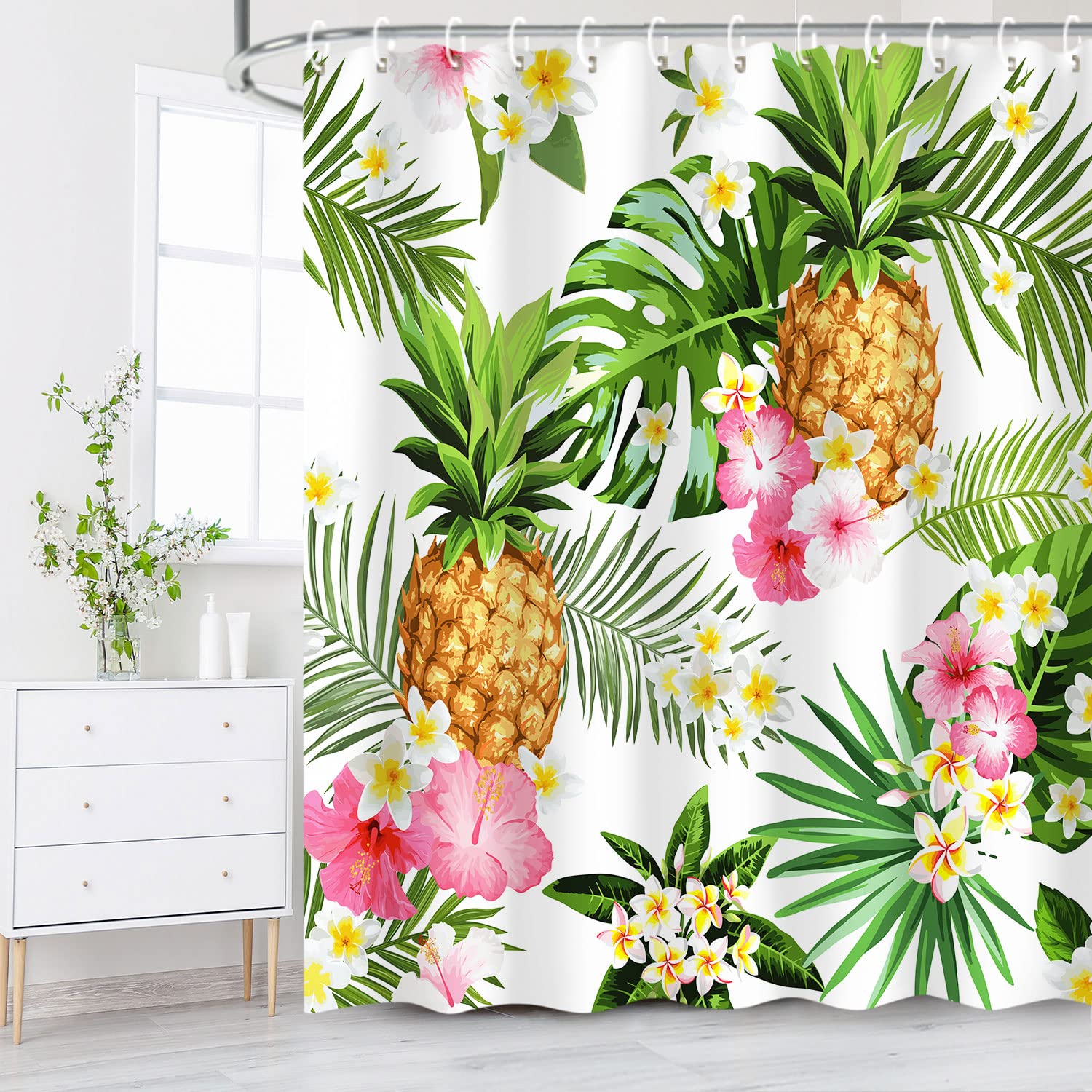 Livilan Tropical Shower Curtain, Summer Pineapple Fabric Bathroom Curtain Set With Hooks Decorative Green Leaves Pink Flowers 72