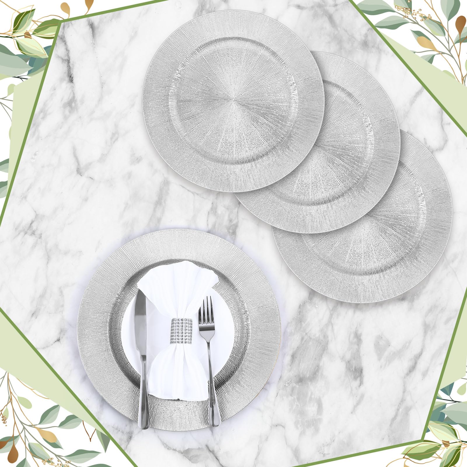 Tanlade 100 Pcs Silver Charger Plates Bulk, 13 Round Plastic Dinner Charger Plate, Shiny Silver Table Chargers Serving Plate Cat