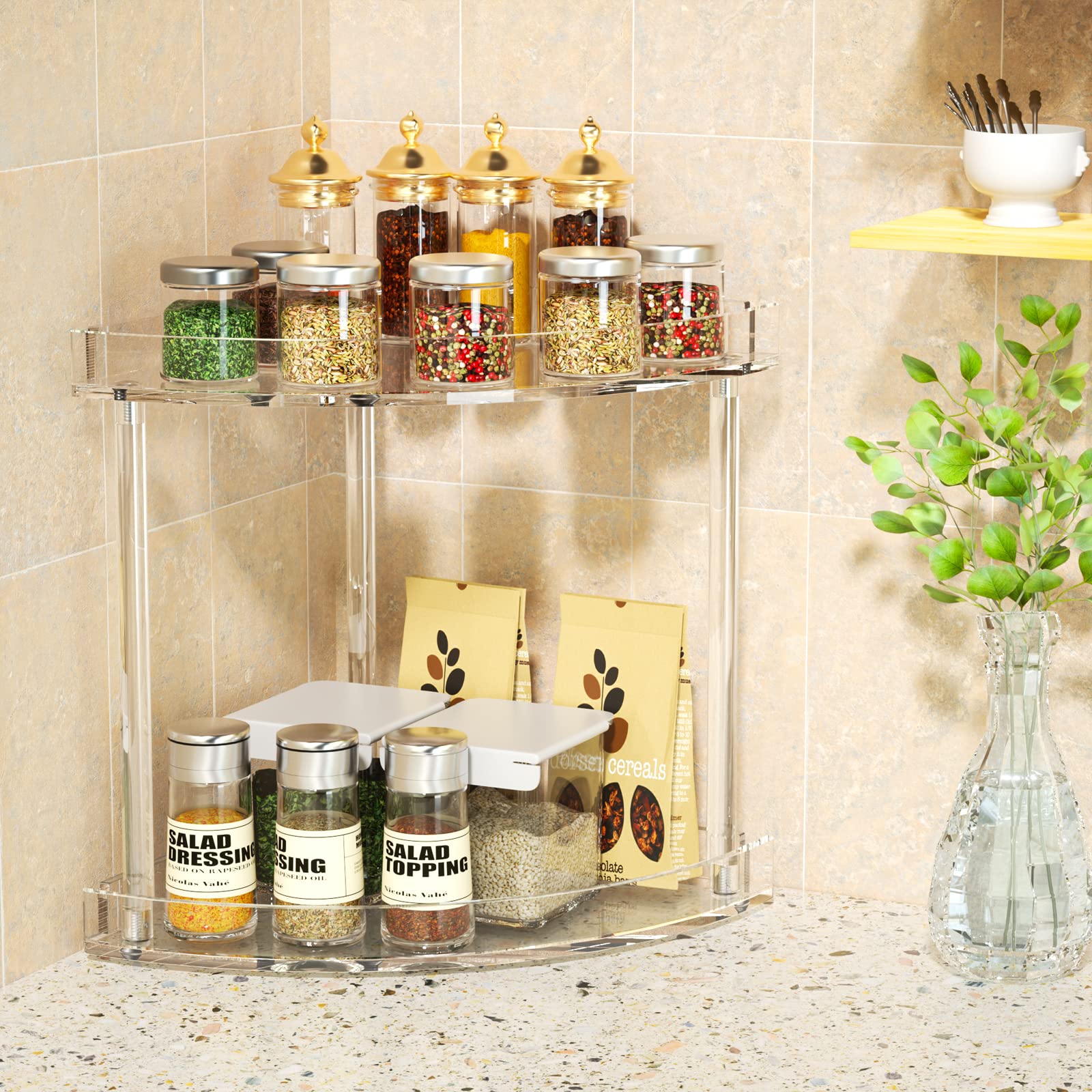 Npplus 2 Tier Acrylic Bathroom Counter Organizer, Clear Bathroom Countertop Corner Organizer, 2-Tier Corner Storage Shelf Vanity