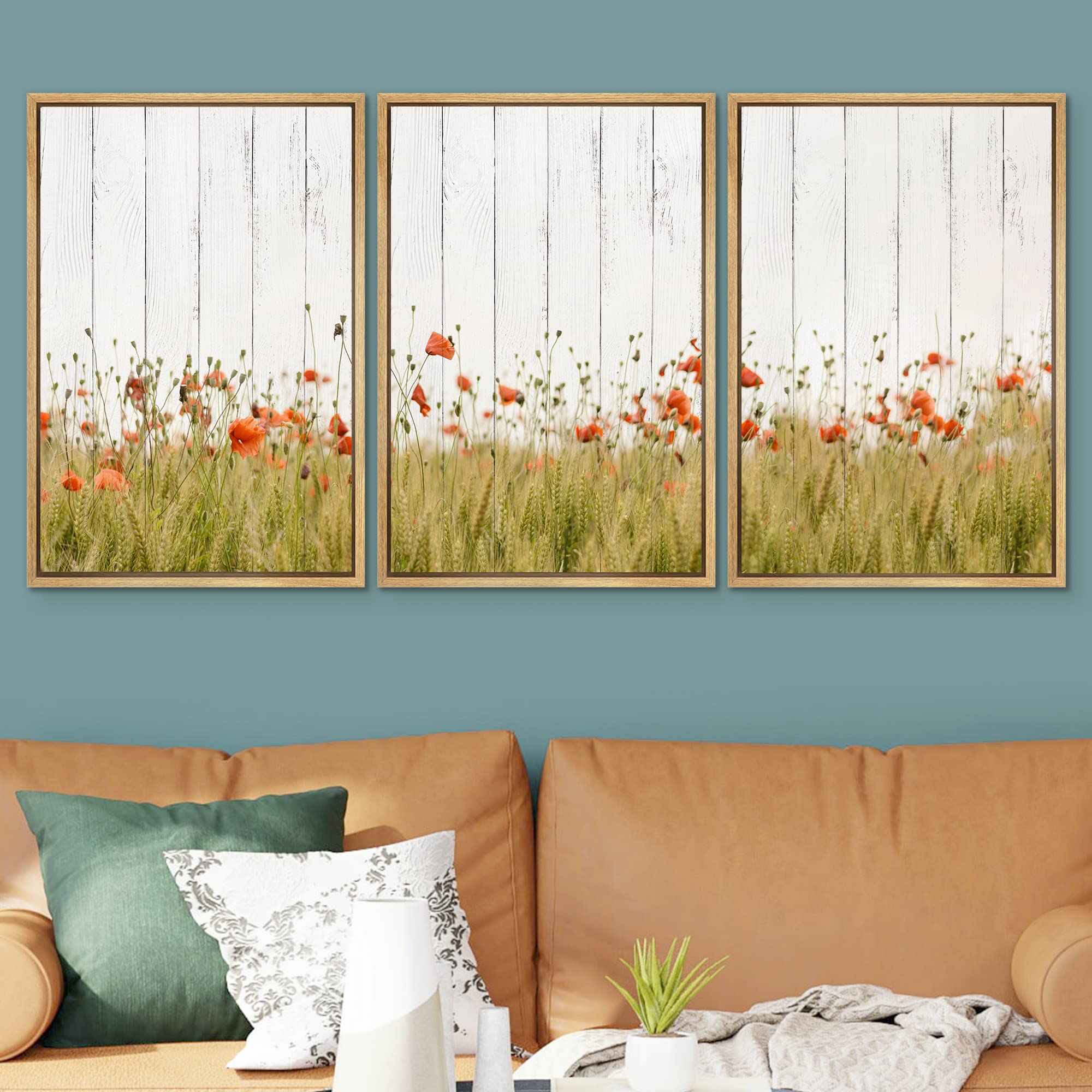 Signwin Framed Canvas Print Wall Art Set Wood Panel Style Country Poppy Flowers Nature Wilderness Illustrations Modern Art Decor