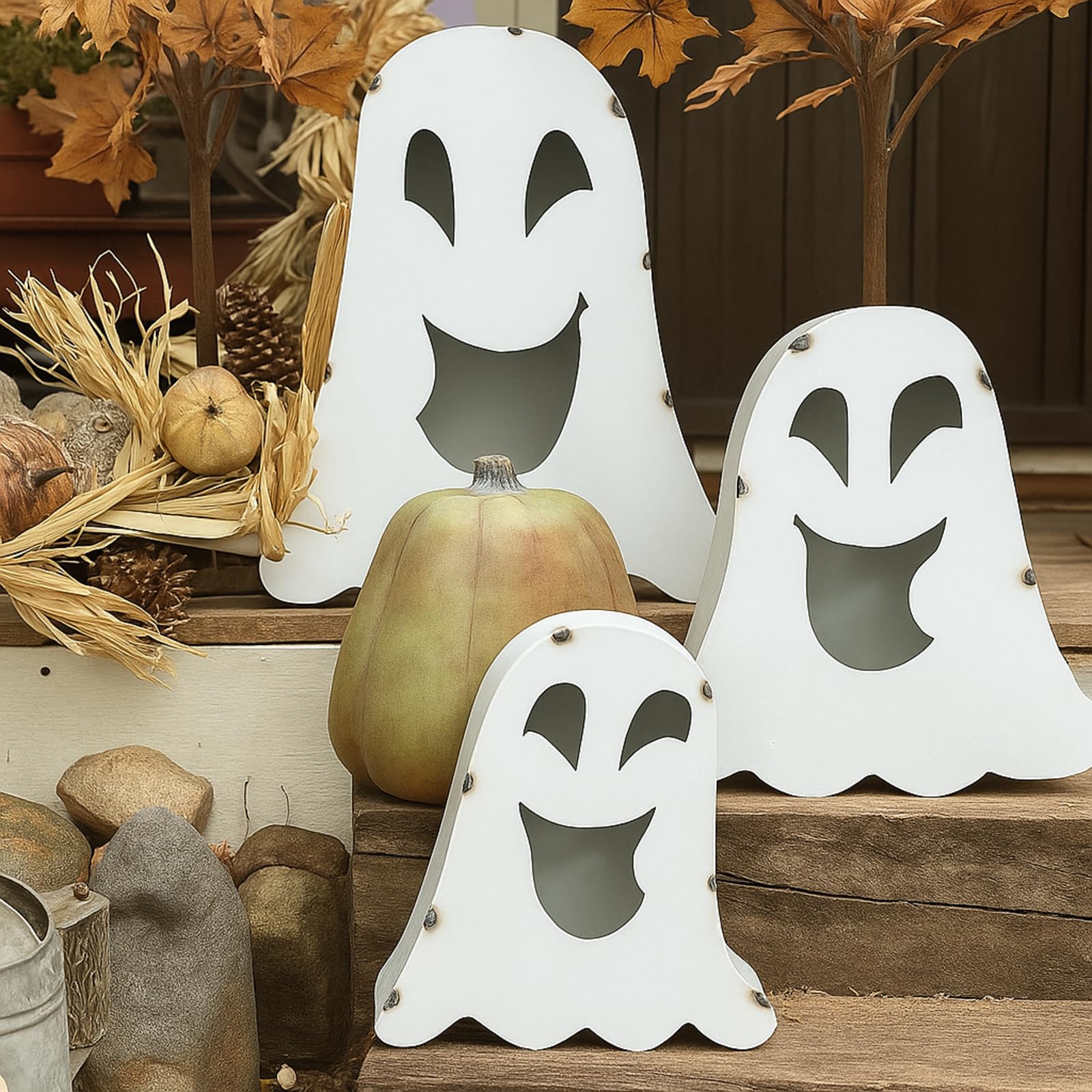 Otoolling 3 Pack Halloween Ghost Metal Lanterns 11-19 Tall 3 Size Large Metal Spooky Ghost Candleholders Centerpiece for Indoor